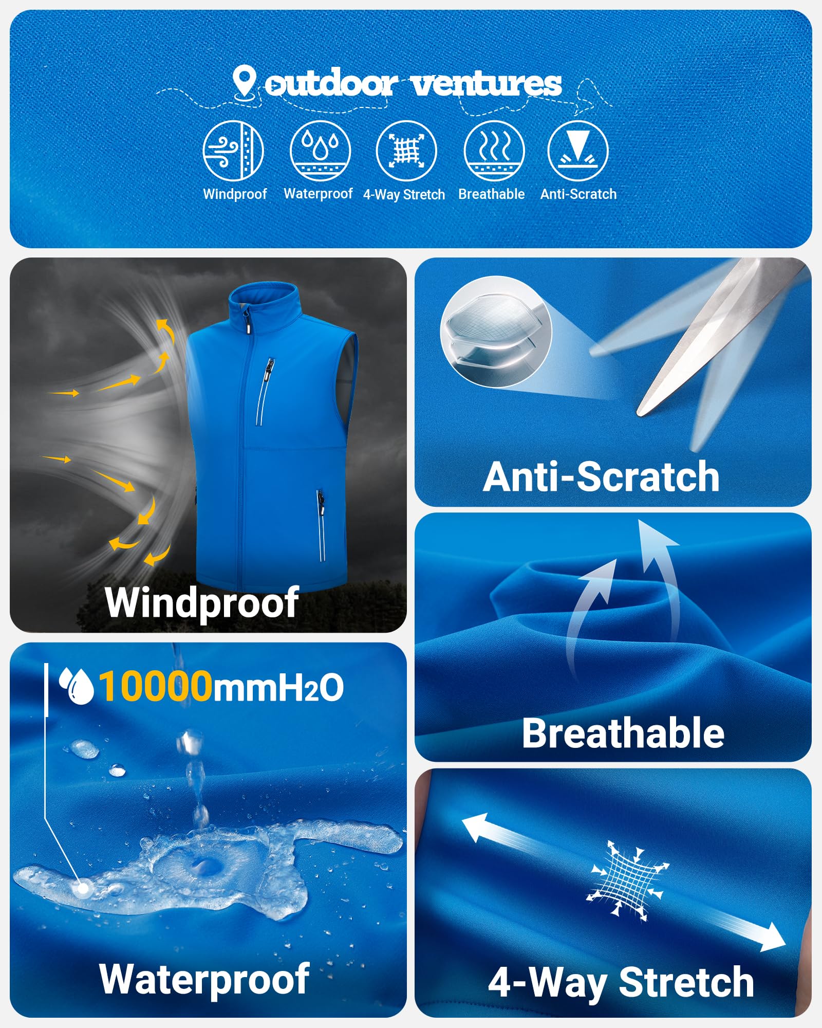 Outdoor Ventures Gilet softshell da ciclismo da uomo, impermeabile, antivento, senza maniche, con cerniera, traspirante,