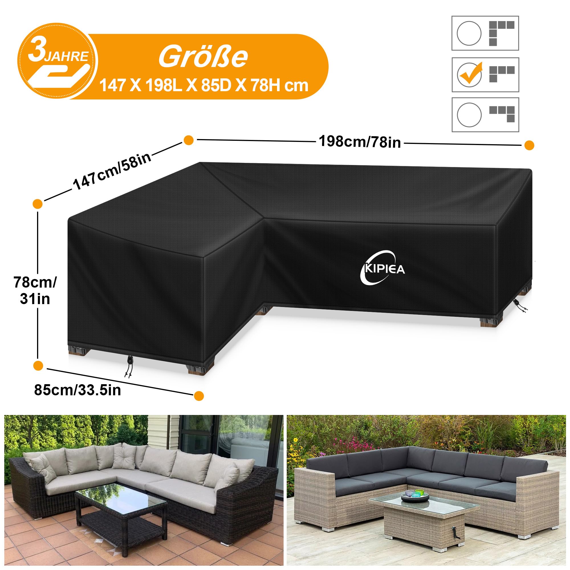 Kipiea Abdeckung Loungemöbel L-Form Wasserdicht, Abdeckung Gartenmöbel Winterfest, 500D Lounge Abdeckungen Winddicht, L-Form Abdeckplane Gartenmöbel Reißfest, Anti-UV (Linke Seite, 147x198x85x78cm)