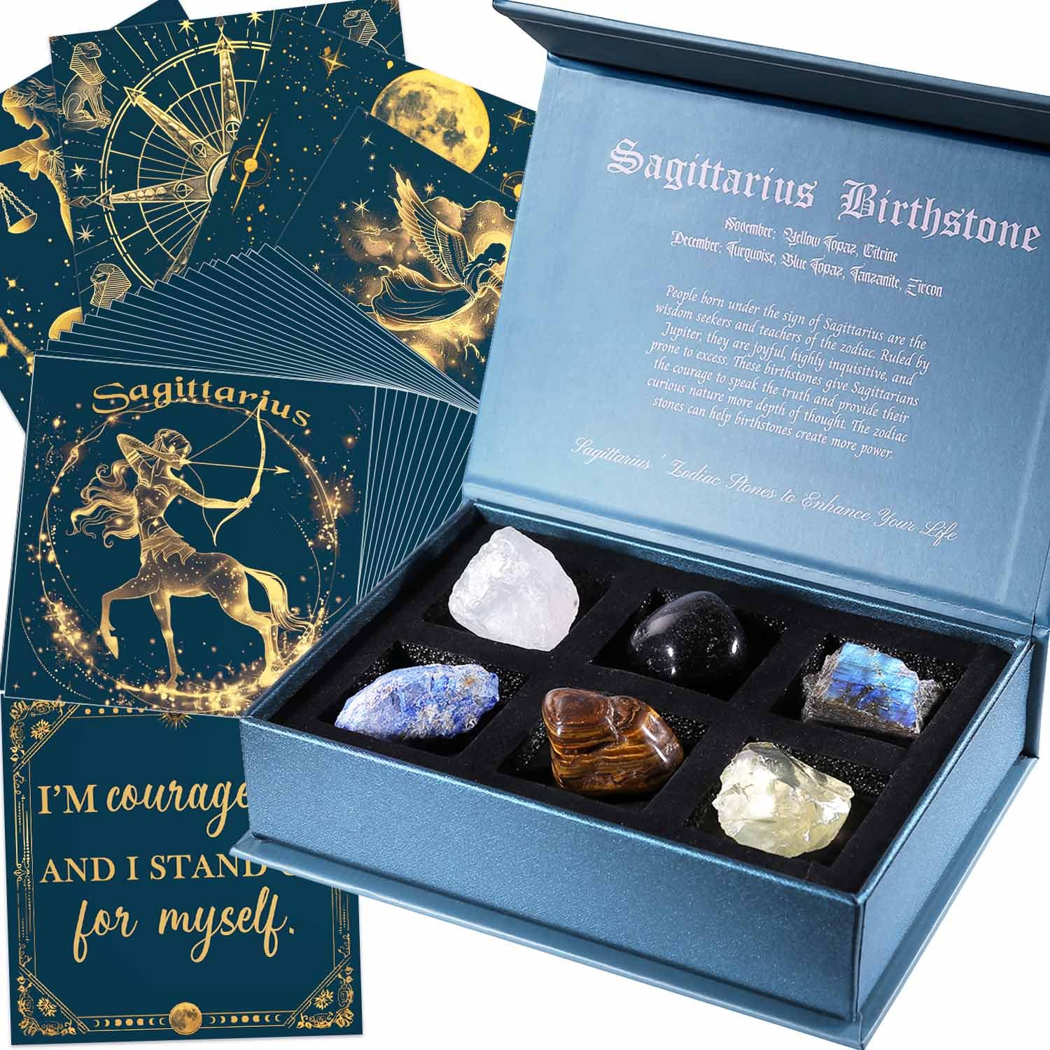 Sagittarius Birthday Crystals Gifts - w/50 Daily Affirmations Cards and 6 Healing Crystals Natural Stones, Positive Affirmations with Inspirational Quotes, Spiritual Gifts for Women
