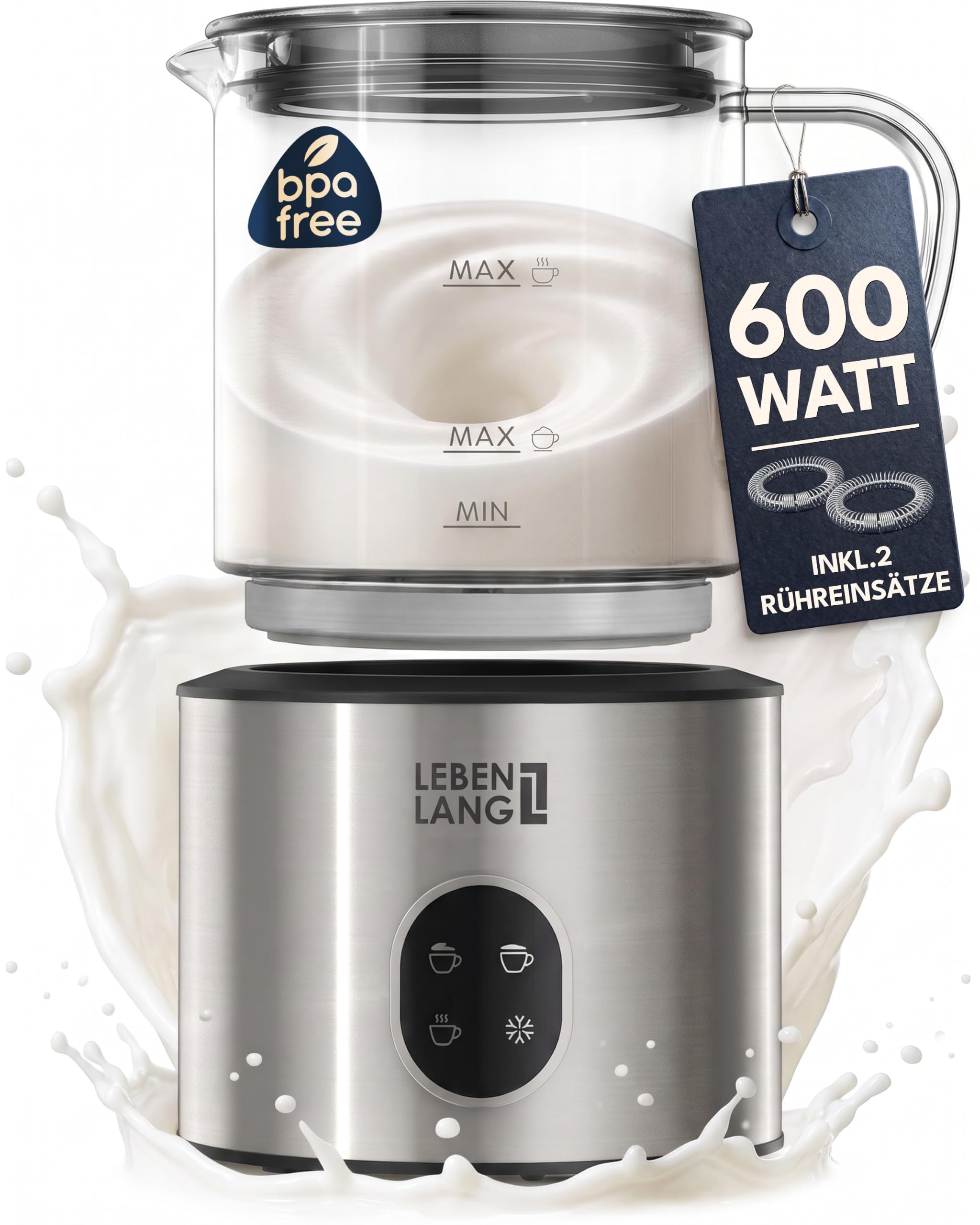 LEBENLANG Montalatte in Vetro - 100% Senza BPA, XXL 500ml & 600W I Contenitore Removibile Lavabile in Lavastoviglie Incl. 2x Fruste di Ricambio I Montalatte Elettrico Schiumalatte Elettrico