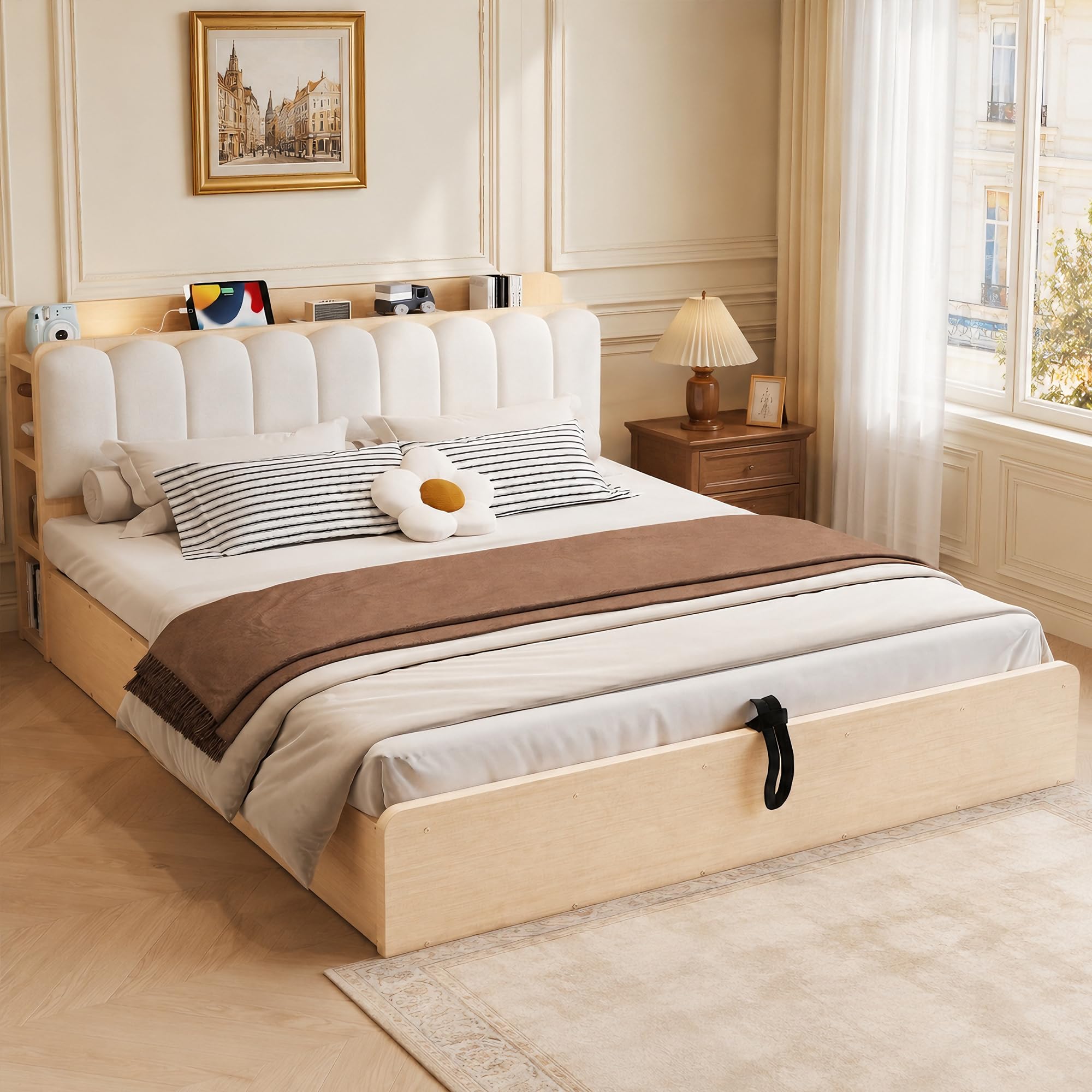 Cama Canapé 180x200 con Almacenamiento Integrado Cama Tapizada con Somier de Lamas Double Bed con Cabecero y Compartimentos Estructura de Madera con Elevación Hidráulica Estudio