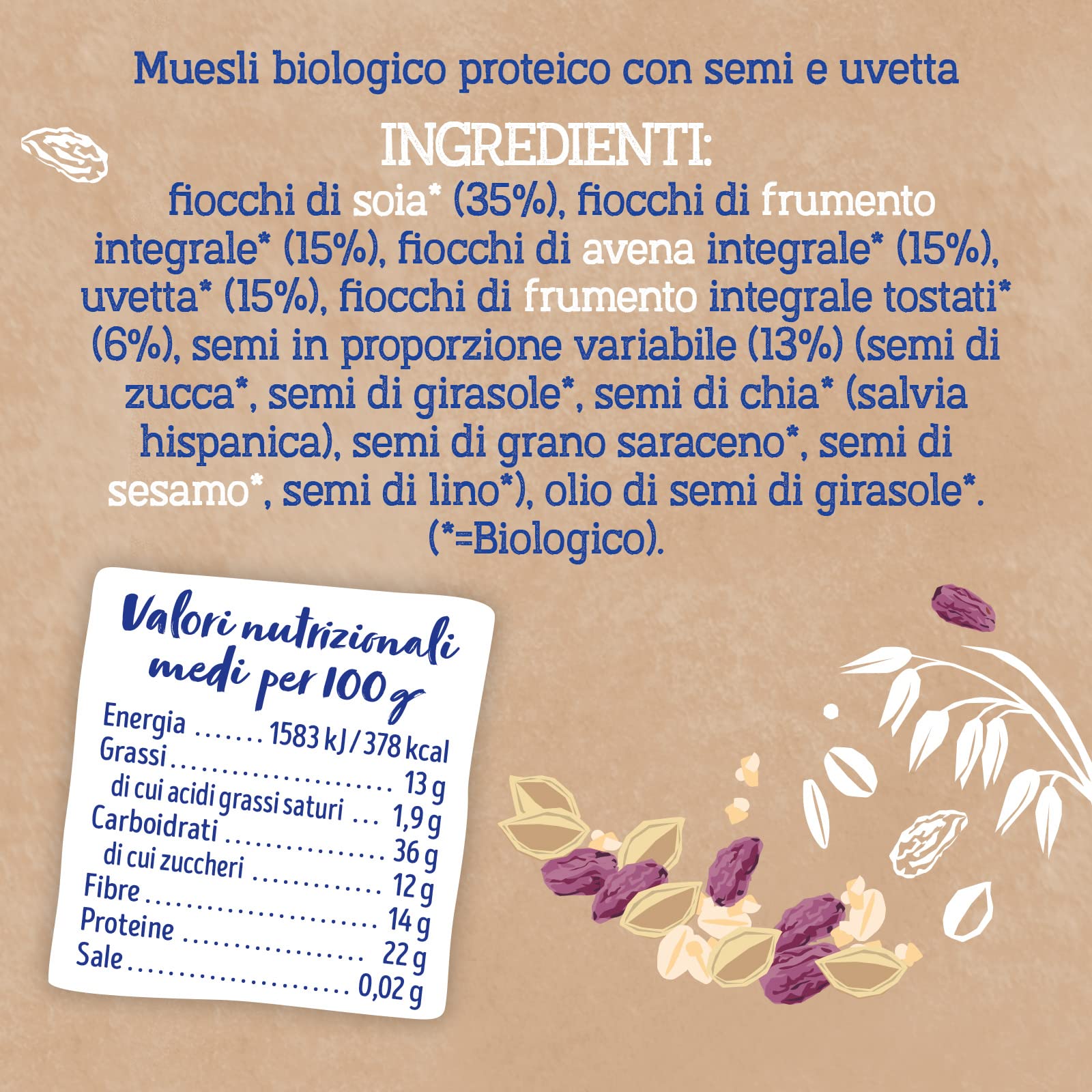 Isola Bio Muesli Proteico Biologico con Semi e Uvetta, Ricco di Fibre e Proteine, 100% Ingredienti Naturali, Senza Zuccheri Aggiunti, per Vegani e Vegetariani, Formato 375 gr - 2