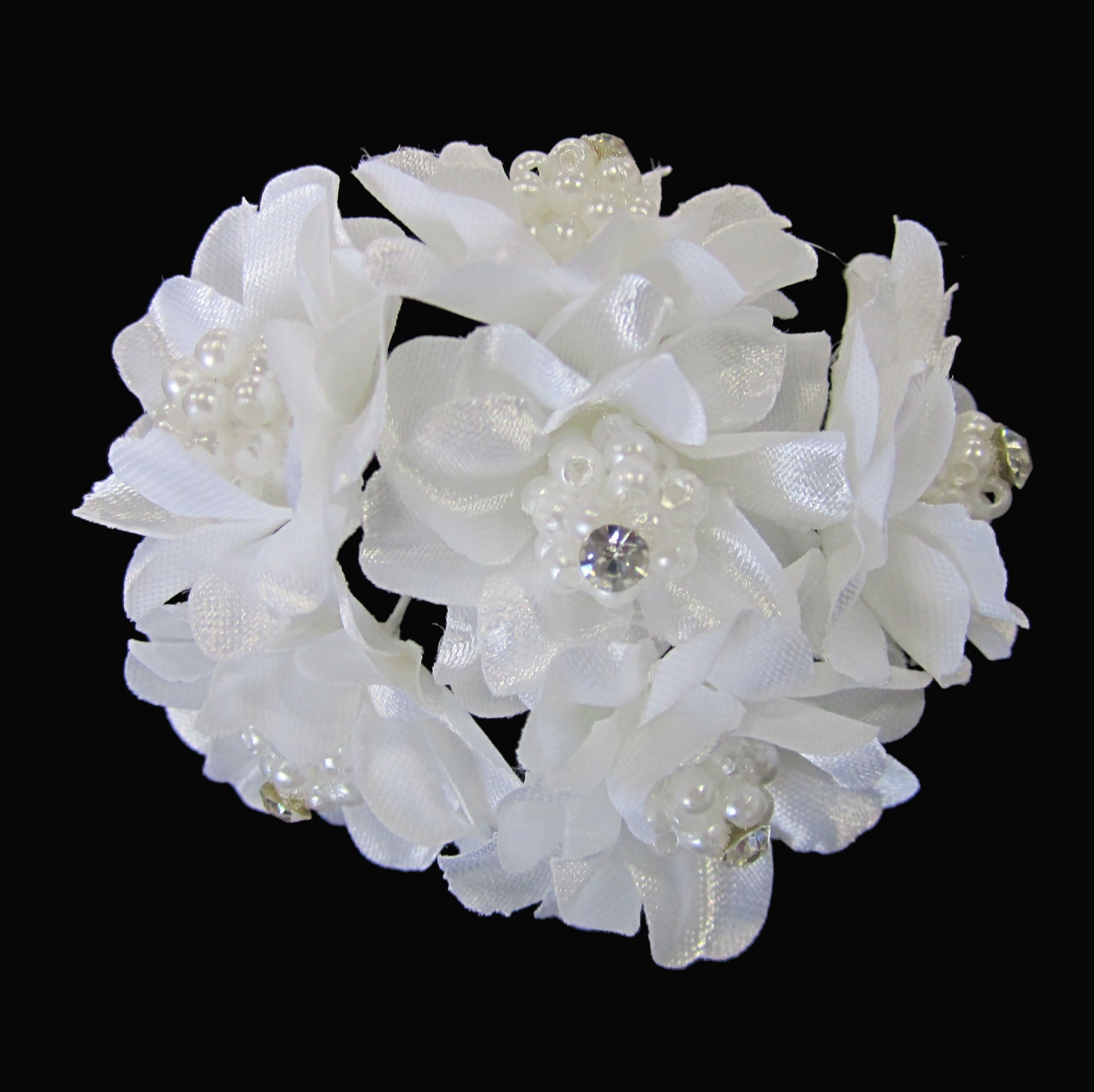 Bridal Wedding Beautiful Elegant Pressed Satin Flowers Pearl Cluster Crystal Hair Pins Sticks [PACK OF 6] -- WHITE
