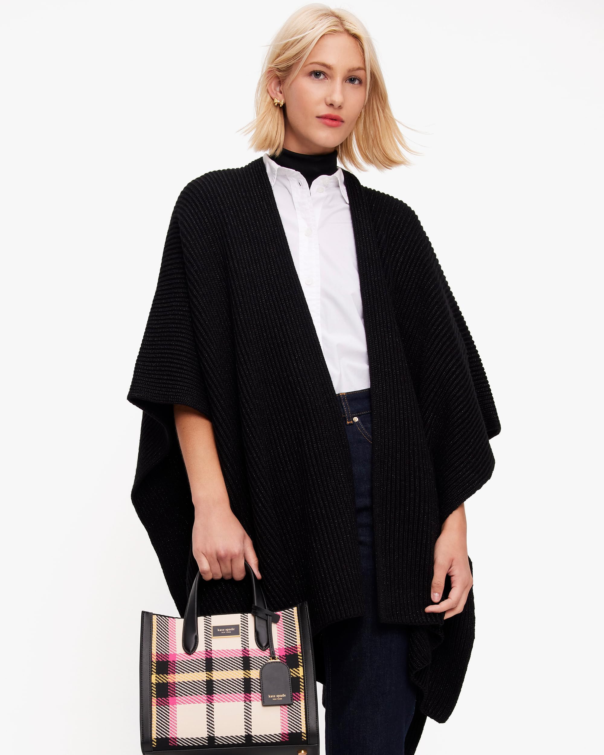 kate spade new york Women's Bow Rib Ruana, Black, One Size