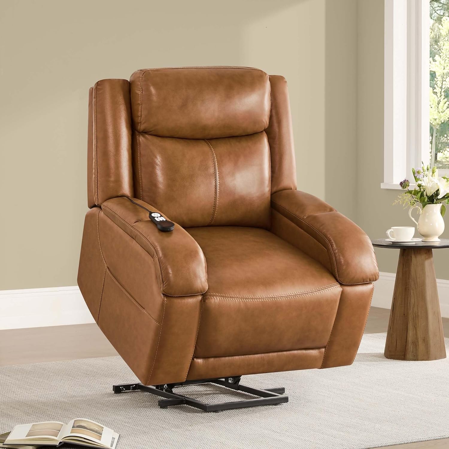 Dual Motor with Heat and Massage Electric Lay Flat Lift Chairs with Power Headrest & Visual Remote Control Saddle Brown for Elderly Genuine Leather Power Lift Recliner Chair