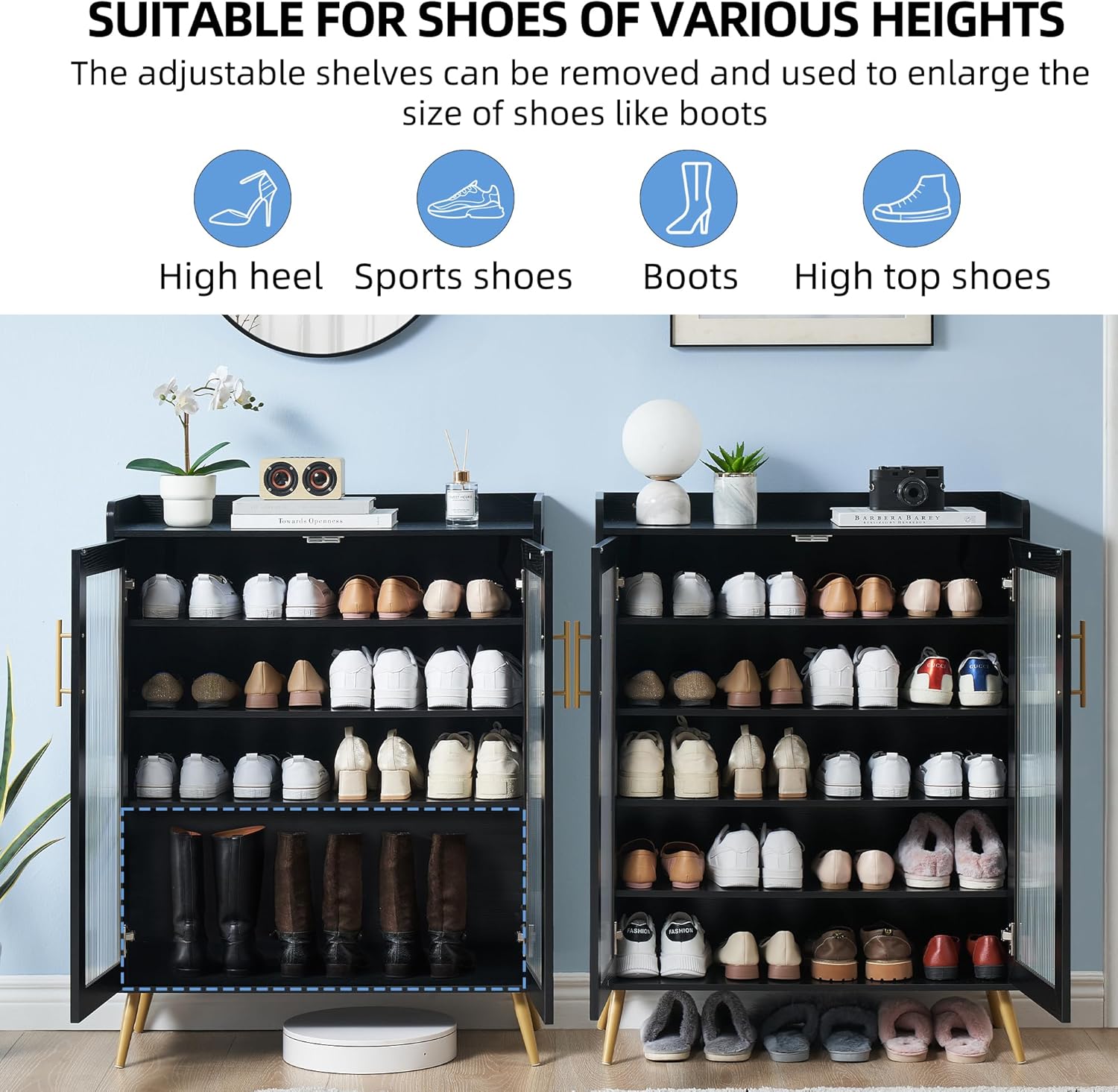 Garvee Shoe Cabinet with Glass Doors, 5-Tier Entryway Shoe Organizer Storage Rack with Large Capacity and Adjustable Shelves for Hallway, Living Room, Black