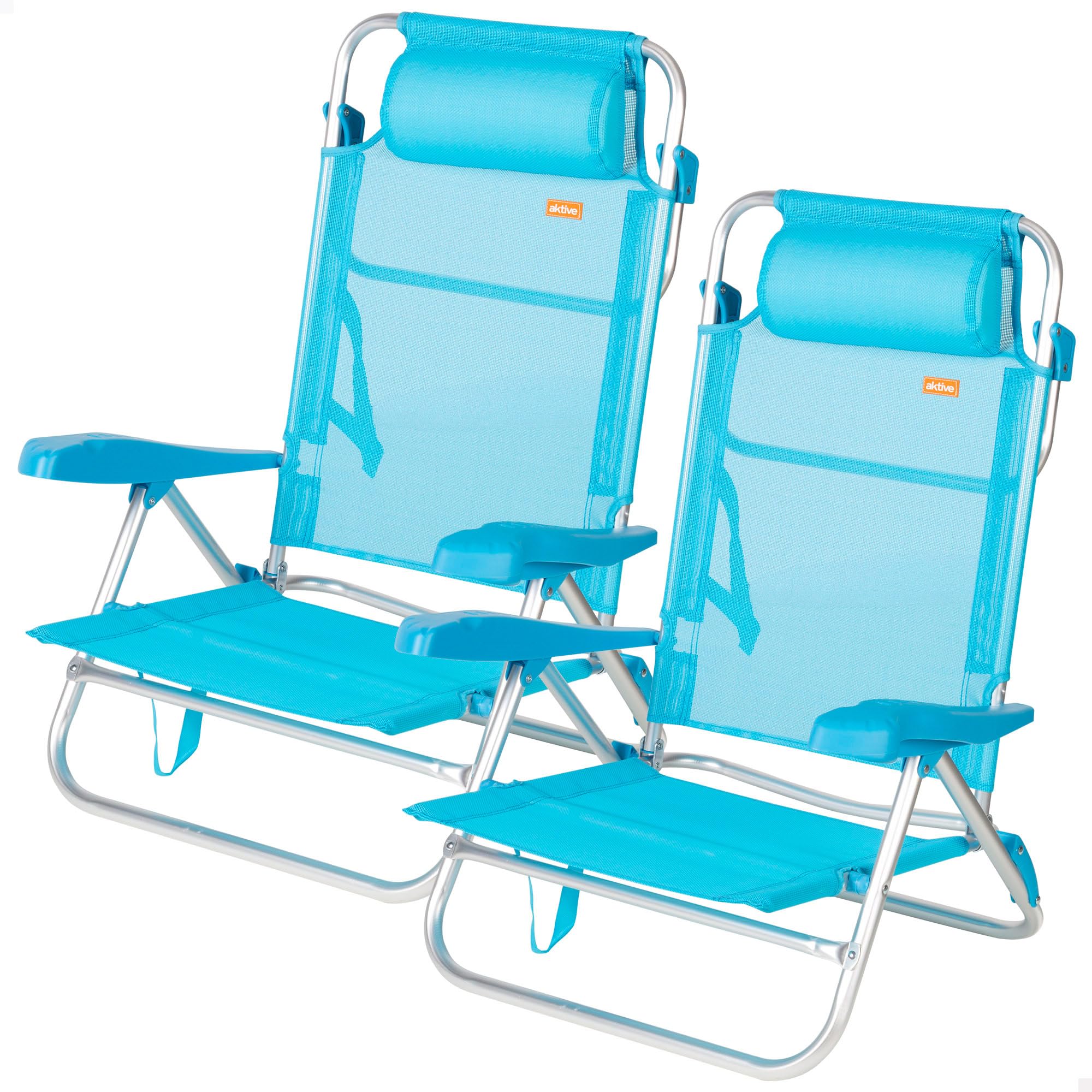 AKTIVE Pack de 2 chaises de Plage Basses, chaises Multipositions, 79 x 49 x 82 cm, Dossier inclinable, 8 Positions, avec appuie-tête, jusqu'à 110 kg, Pliables, avec poignée, Bleu (85528)