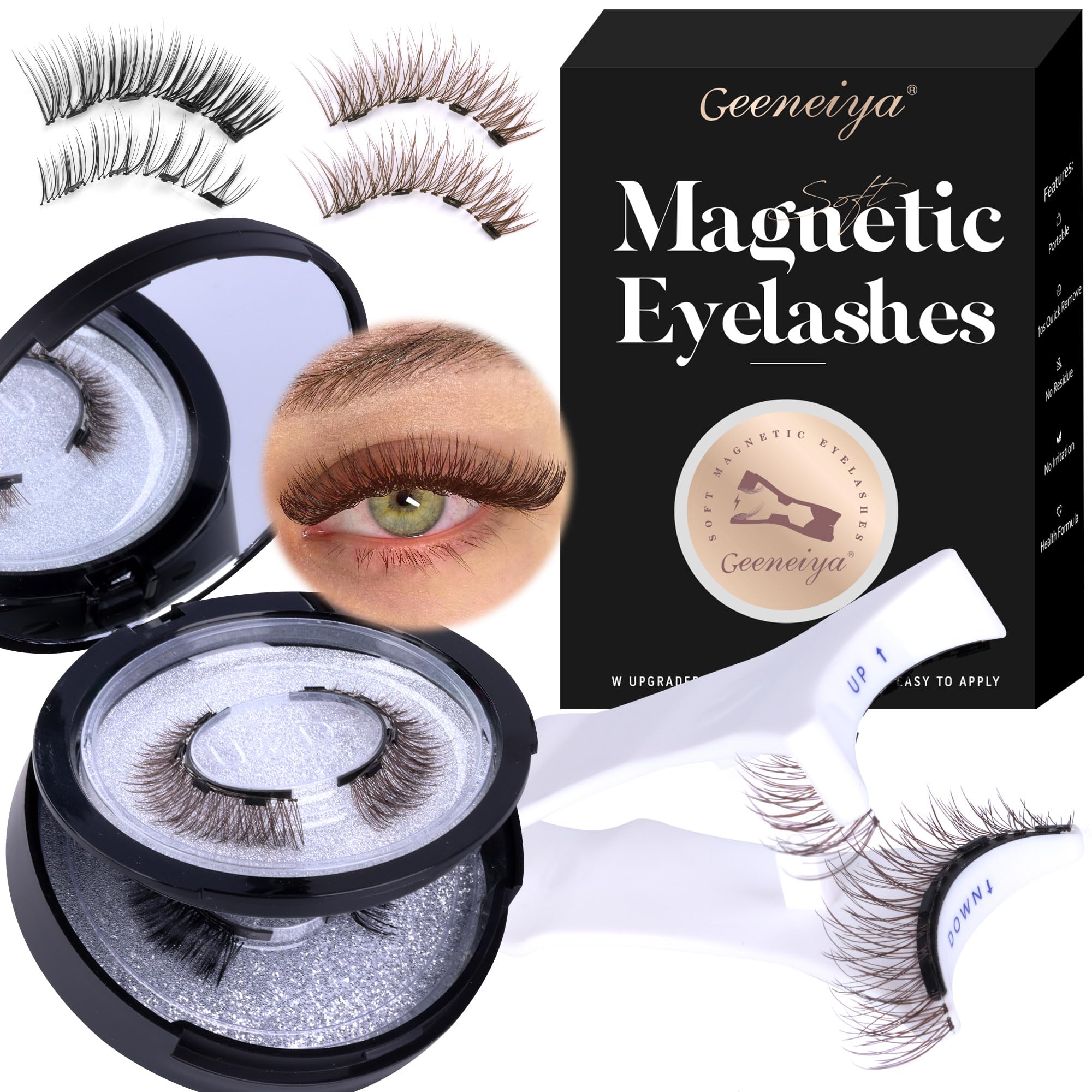 Geeneiya Magnetic Eyelashes Natural Brown and Black Reusable Magnetic Lashes with Applicator 12mm Short Magnet False Eyelashes No Glue or Liner Needed (2 Pairs, 8 Pieces)