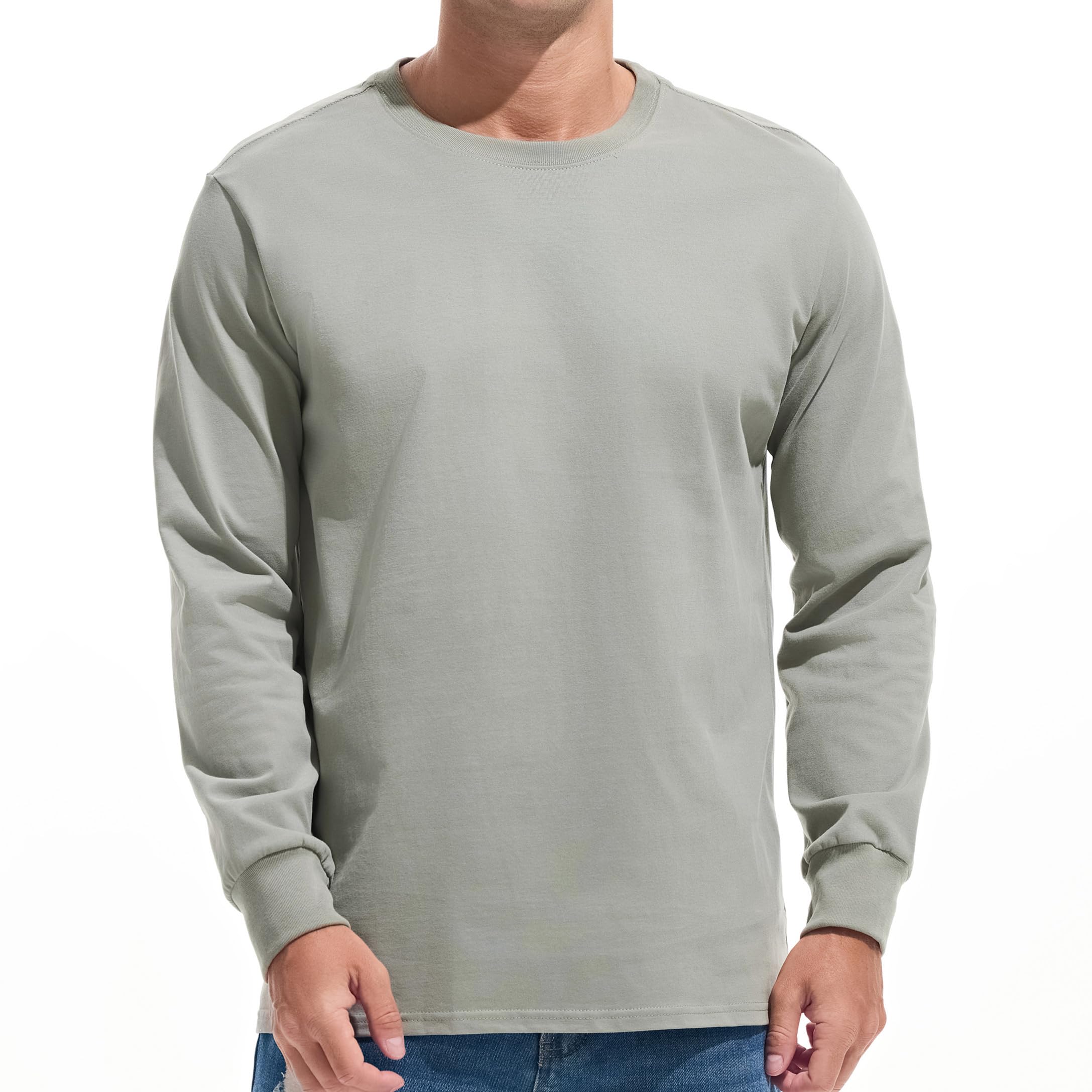 Photo 1 of VEIISAR Men's Heavy Weight Crew Neck Long Sleeve T Shirt - Mens 100 Cotton Thick Pre Shrunk Shirts Light Grey M