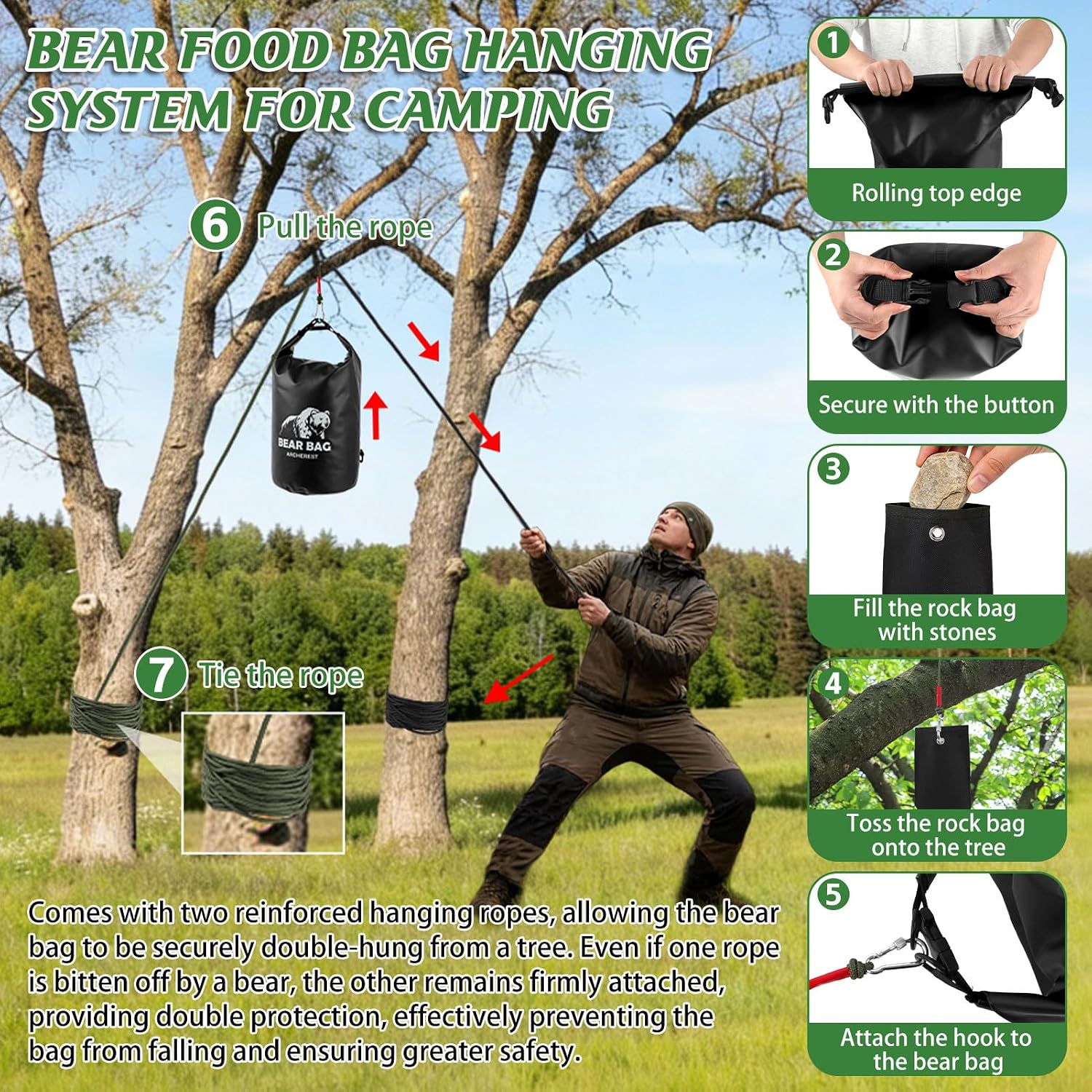 10L/15L Waterproof Bear Bag Hanging Kit, Heavy Duty Bear Proof Food Storage for Backpacking Camping, Bear Canister Pulley System with Nylon Ropes, Bear Bell, Carabiners and Rock Pouch