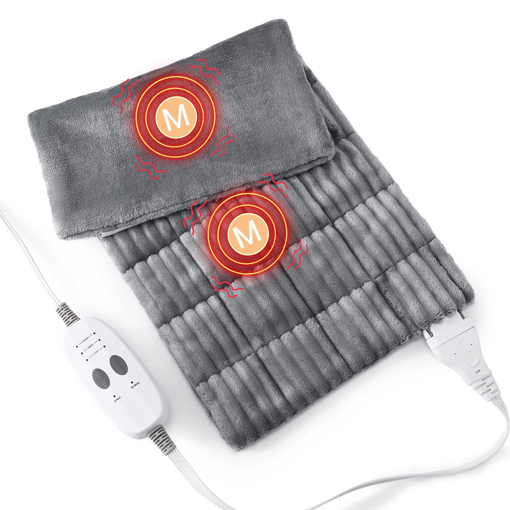 massaging weighted heating pads for back pain relief and cramps, 33''*18'' ribs fannel electric heating pad with massage vibrations, 6 settings- 3 heat, 3 massage- 9 relaxing combinations