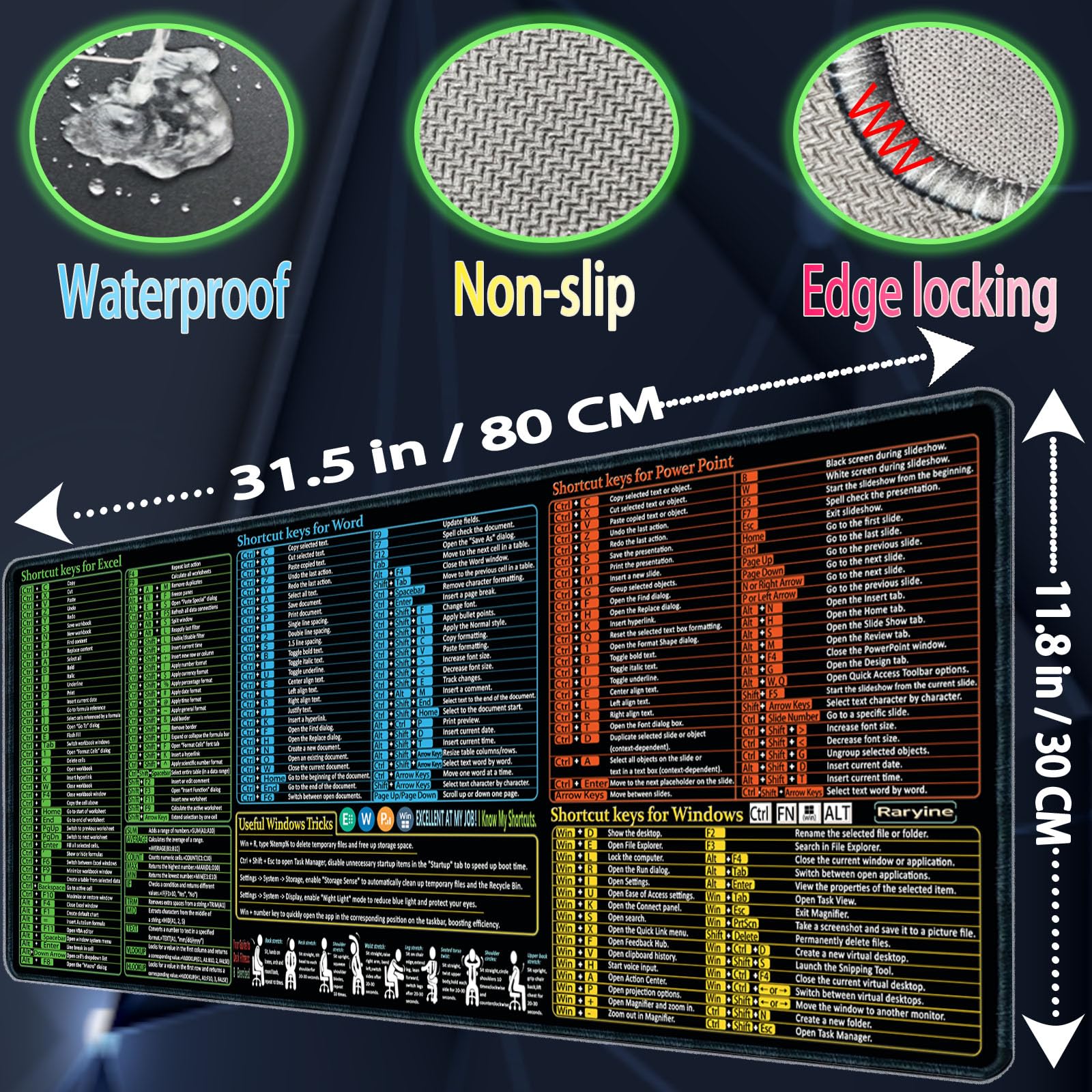 Excel/Word/Power Point/Windows - Alfombrilla de escritorio para computadora de oficina, gran alfombrilla de mouse para juegos, alfombrilla de mouse para atajos de teclado, alfombrilla de mouse