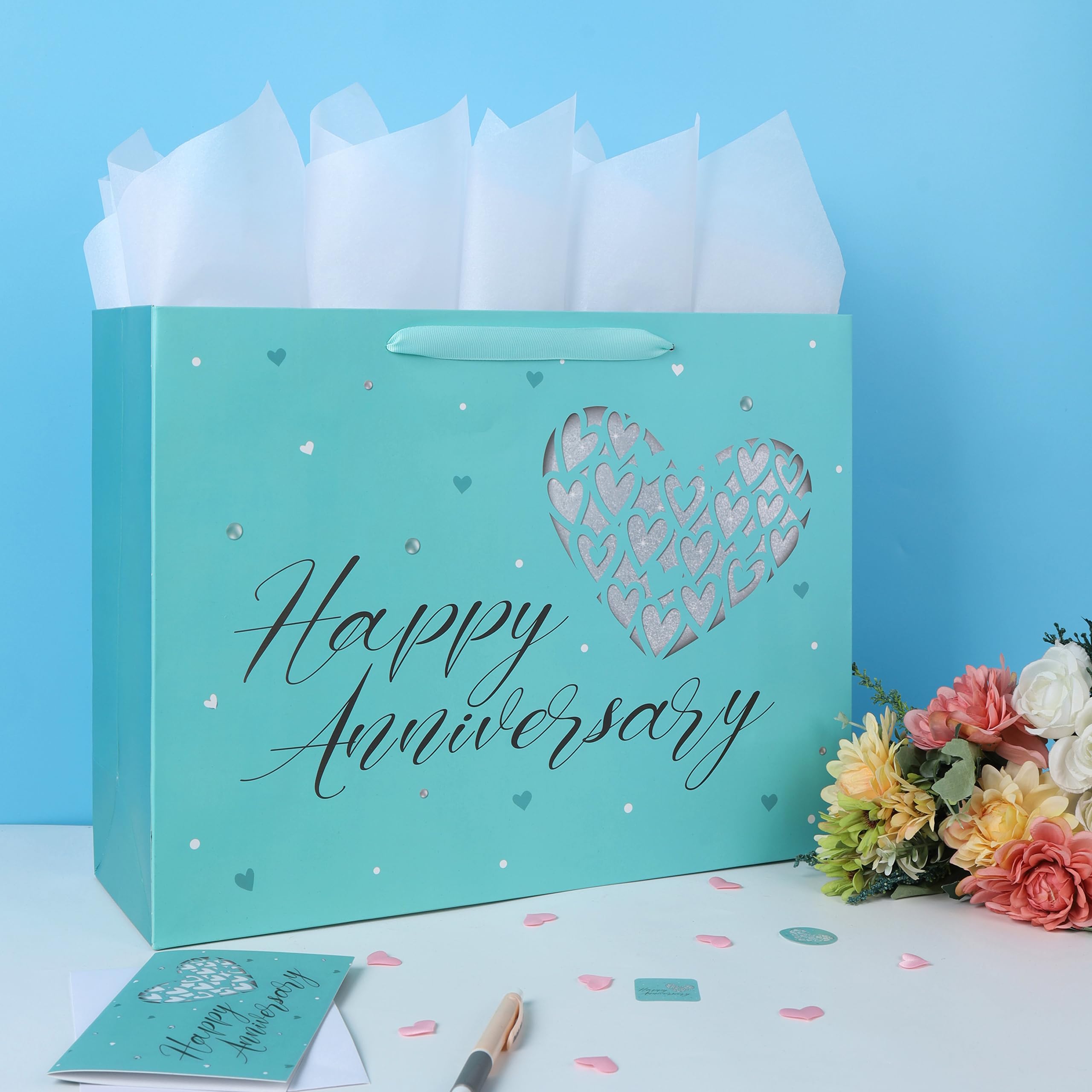 16.5” Extra Large Gift Bag Set with Handles, Greeting Card, Tissue Papers and Stickers for Valentine's Day, Anniversary Women Men Husband Wife Boyfriend Girlfriend or Romantic Partner, Heart Design, 1 Pcs