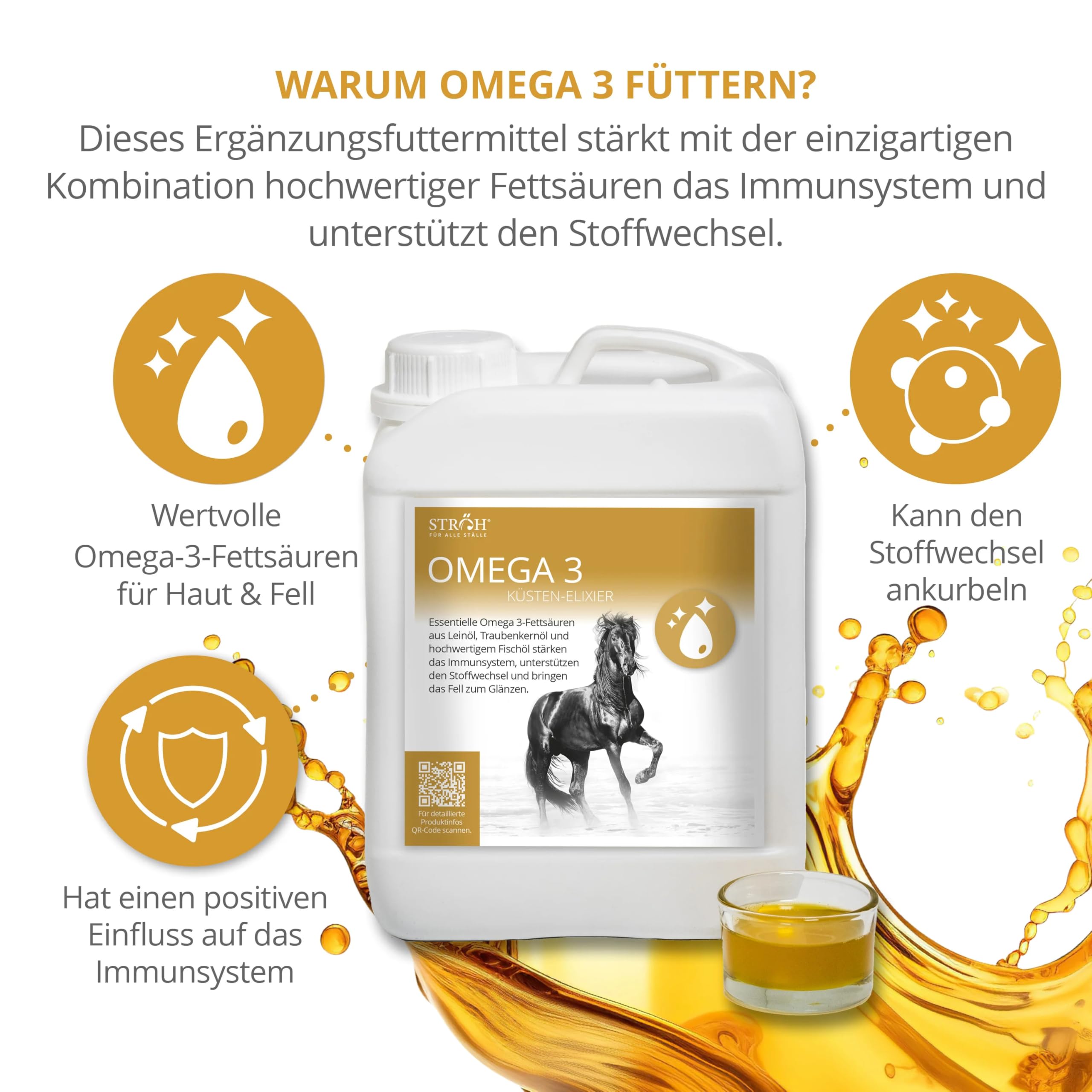 STRÖH Omega 3" Öl (2,5 L Kanister) für Pferde • Omega Fettsäuren aus Leinöl, Traubenkernöl & Fischöl
