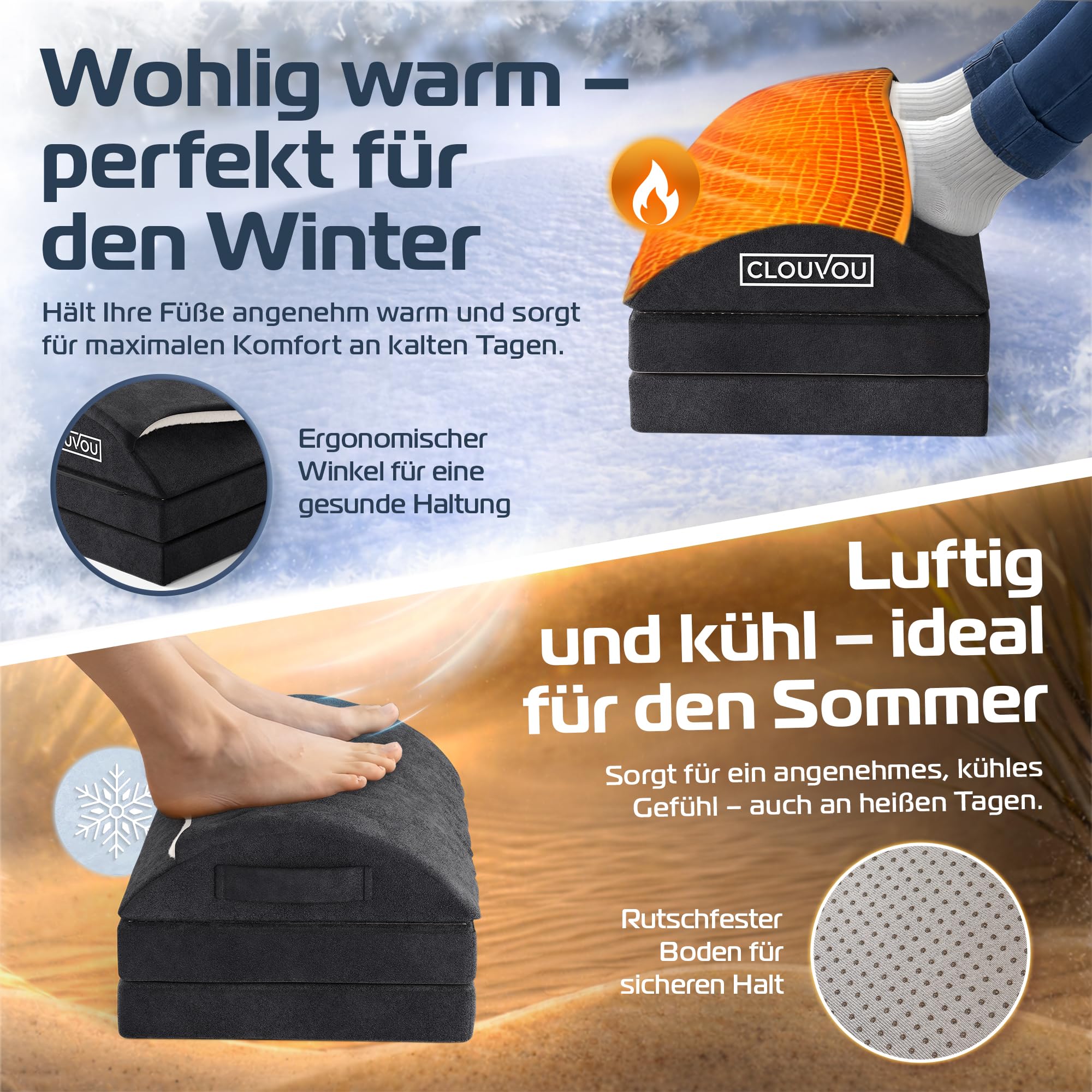 CLOUVOU MasterRest Ergonomische Fußstütze Schreibtisch [TESTSIEGER] Fußhocker höhenverstellbar - Fußablage Schreibtisch - Fußstütze Büro - Fußkissen für Homeoffice - Traumhaft Flauschig