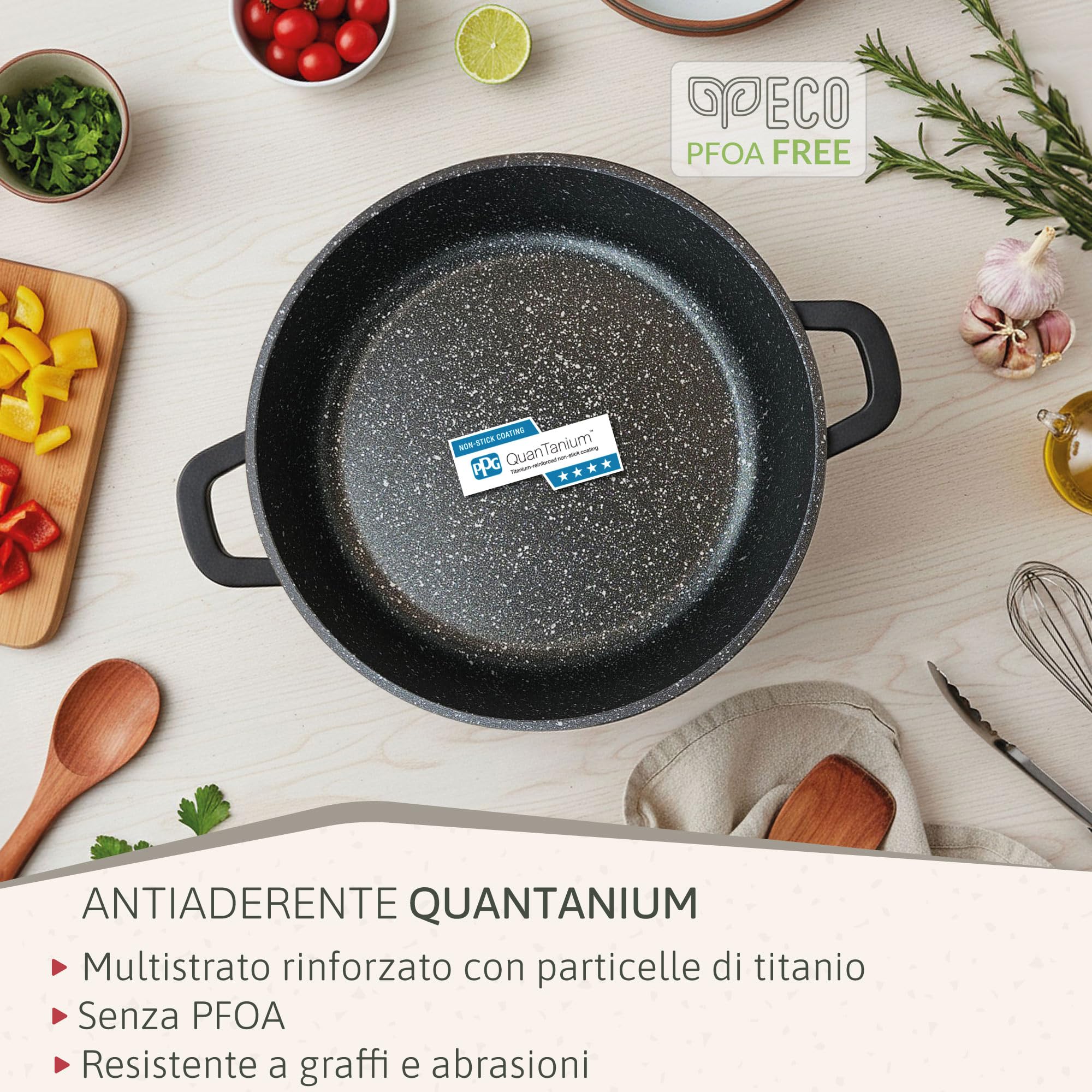 Briebe Casseruola con rivestimento antiaderente in titanio nero per cottura a induzione, in alluminio pressofuso, rivestimento senza PFOA, coperchio in vetro, manici in silicone, vetroceramica, per
