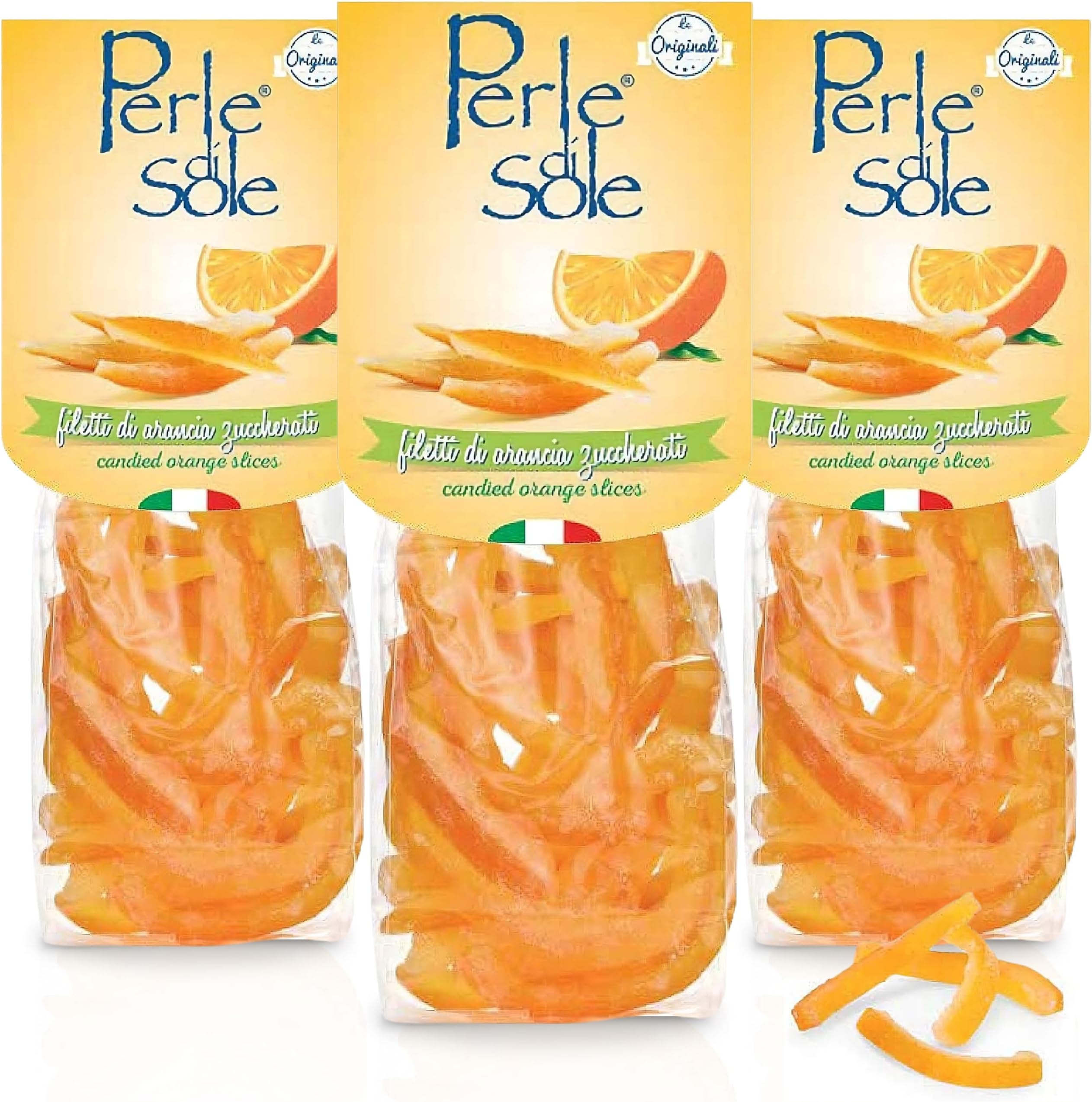 Perle di Sole Candied Orange Peels in Powdered Sugar - Made in Italy Orange Peel Slices - Pack of 3 (3.5 oz | 100 g)