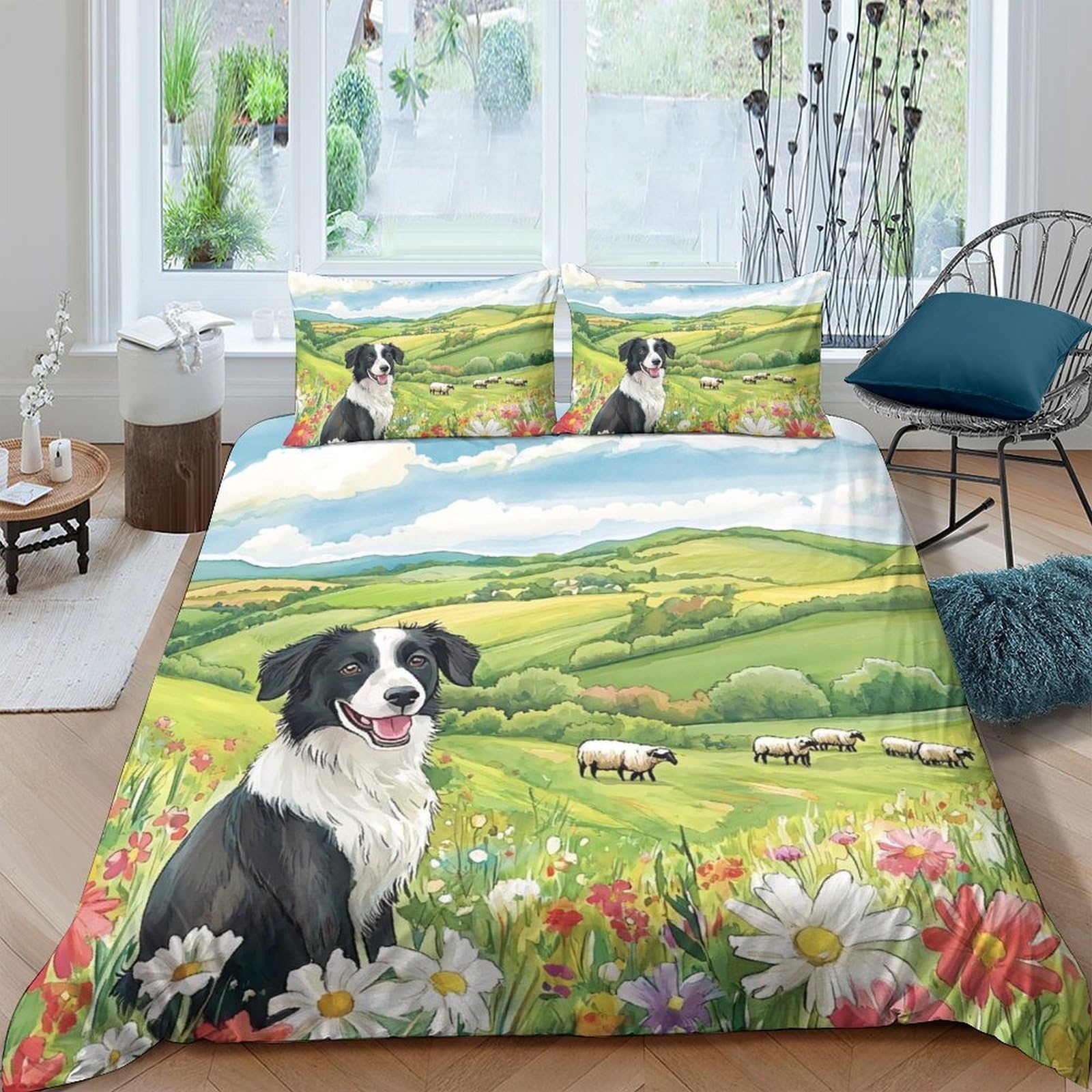 Ctjqhvkz Style-10 3D Printed Border Collie Meadow Fitted Sheet Microfiber Soft Pastoral Landscape Bed Cover For Bedroom Dorm Decor Single（135X200cm）
