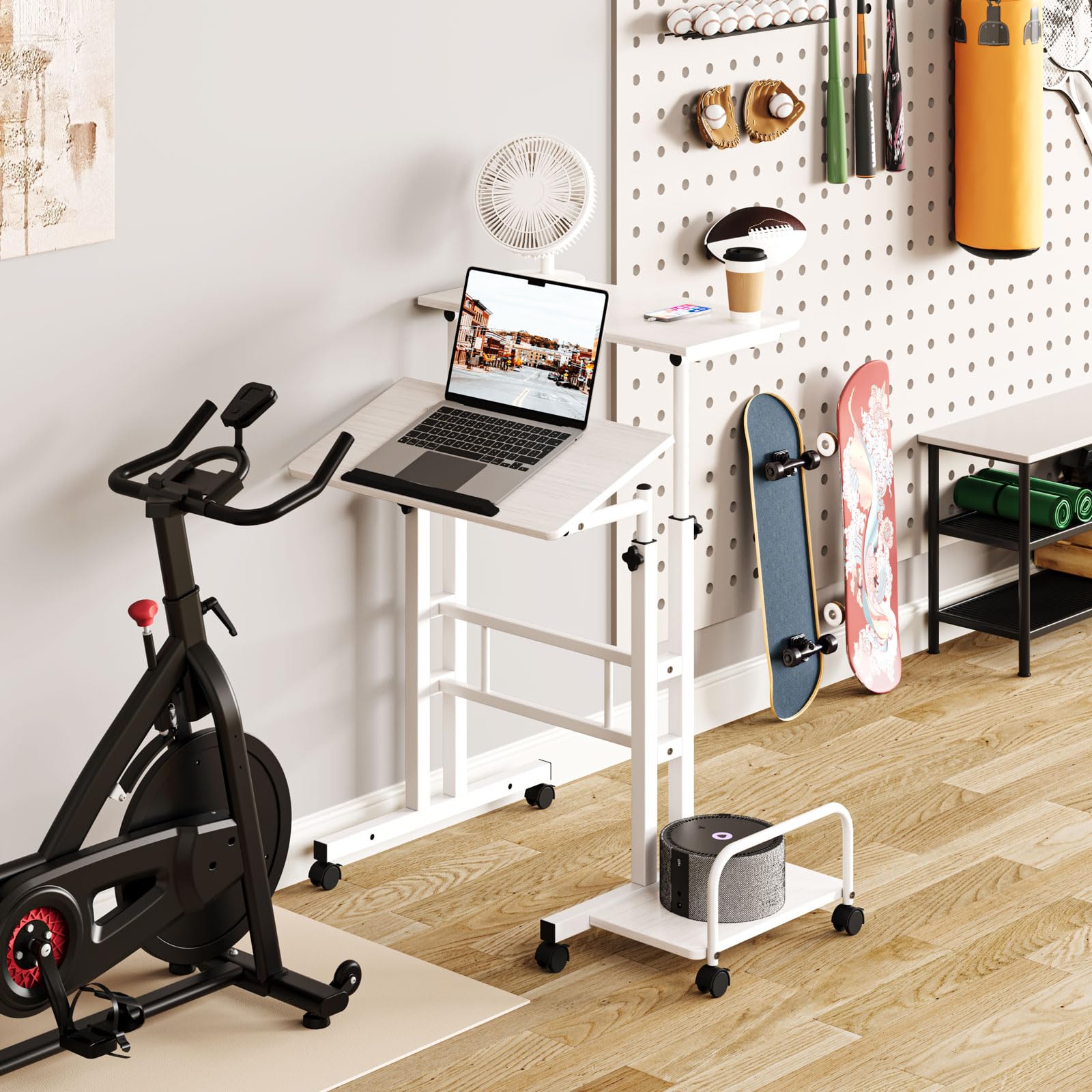 Dripex 60x60cm Stehpult Höhenverstellbar Schreibtisch, Mobiler Computertisch mit 4 Rollen, Steh-Sitz Tisch Laptoptisch neigbar Tischplatte, für Zuhause Büro,Weiß