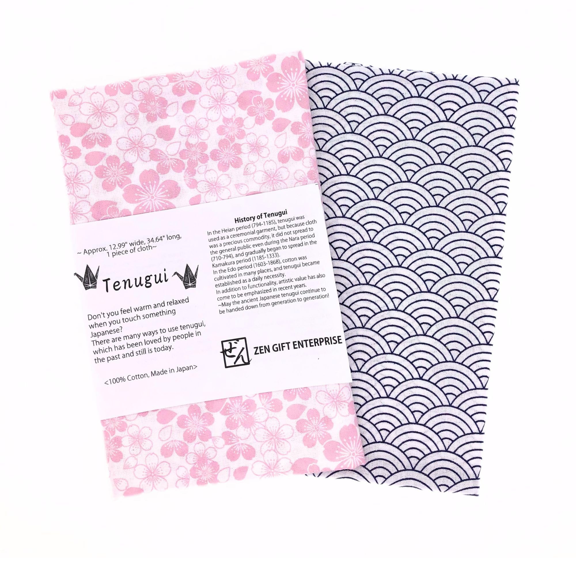 Zen Gift Enterprise Sakura (Pink / White), Seigaiha (Navy Blue / White) Japanese Tenugui Towel, 34.64"L X 12.99"W, Sakura & Seigaiha Navy, Set Of 2