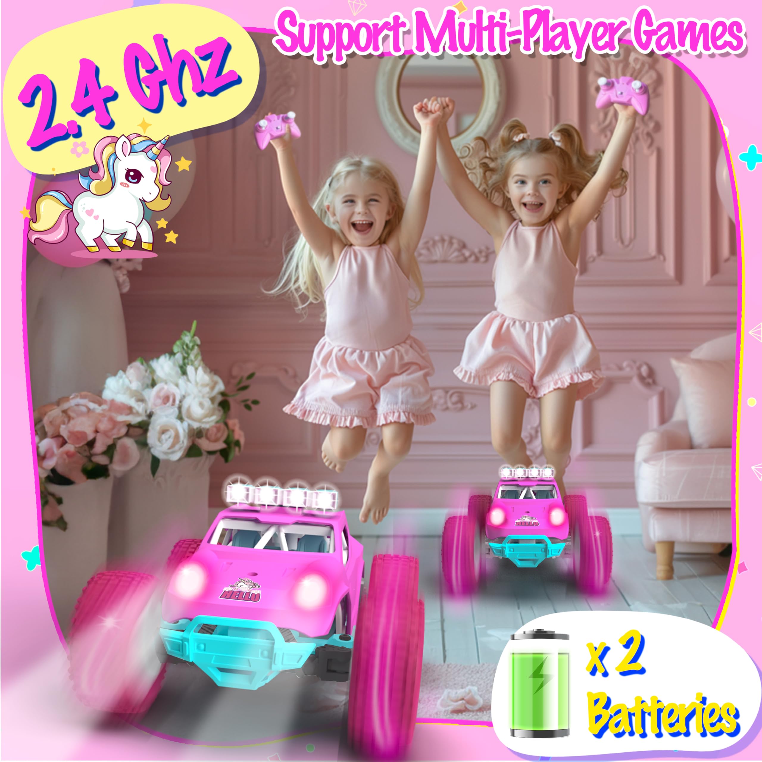 GirliGlee Macchina Telecomandata per Bambini,1/18 Unicorno LED Auto Telecomandata con 2 Batterie,Regalo Bambina 5 6 7 8 10 Anni,Giocattoli Giochi Bambina 6 7 8 Anni Femmina,Unicorno Bambina Regalo