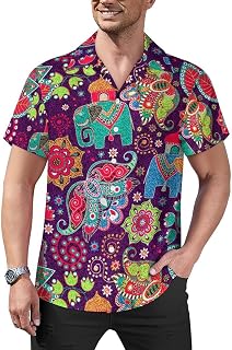 Thailand Elephant Lotus Flower Mens Shirts Hawaiian Short Sleeved Cuban Collar Graphic Tees Tops