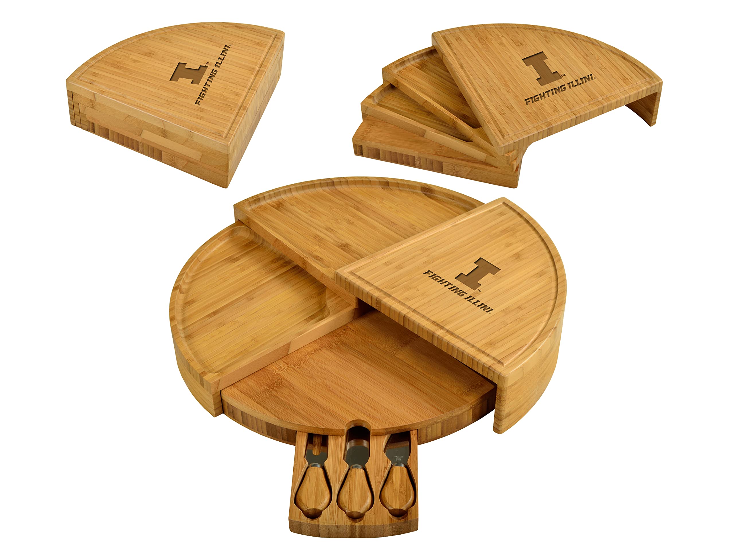NCAA Illinois Fighting Illini Bamboo Charcuterie Cheese Board with Knife Set & Cheese Markers by Picnic at Ascot