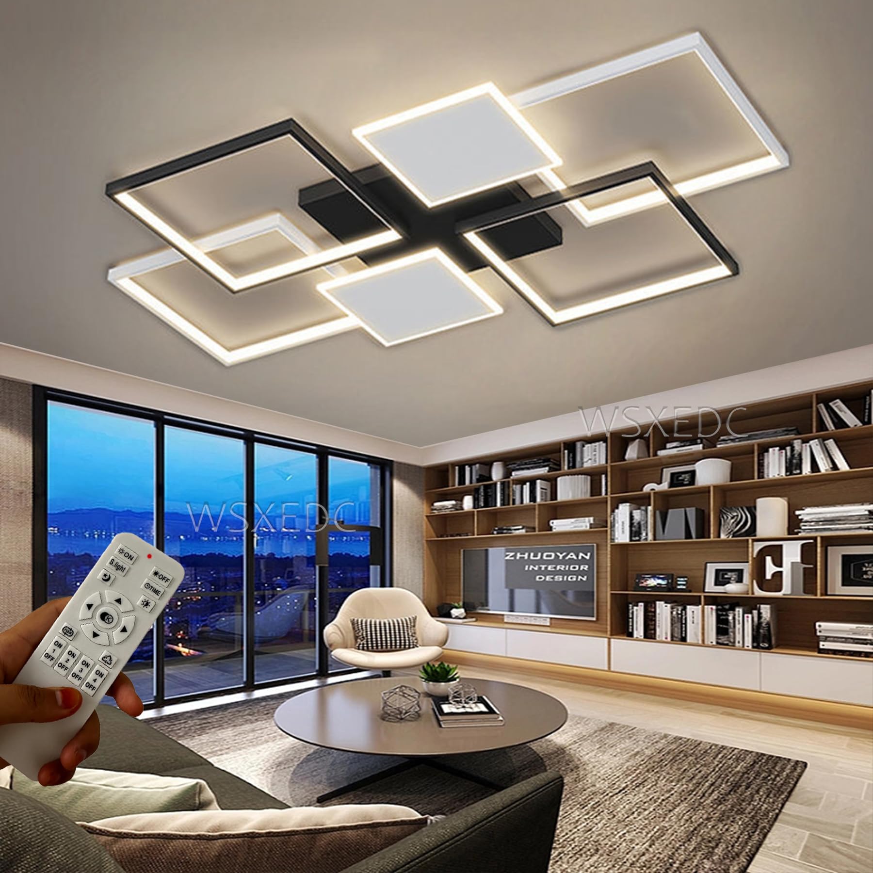 Dimmable LED Rectangles Large Living Room Ceiling Light 6 Flame Rectangle Modern Ceiling Lamp Black White Eye Care Acrylic Ceiling Spots For Living Room Bedroom Office Activity Room (L90cm 90W)
