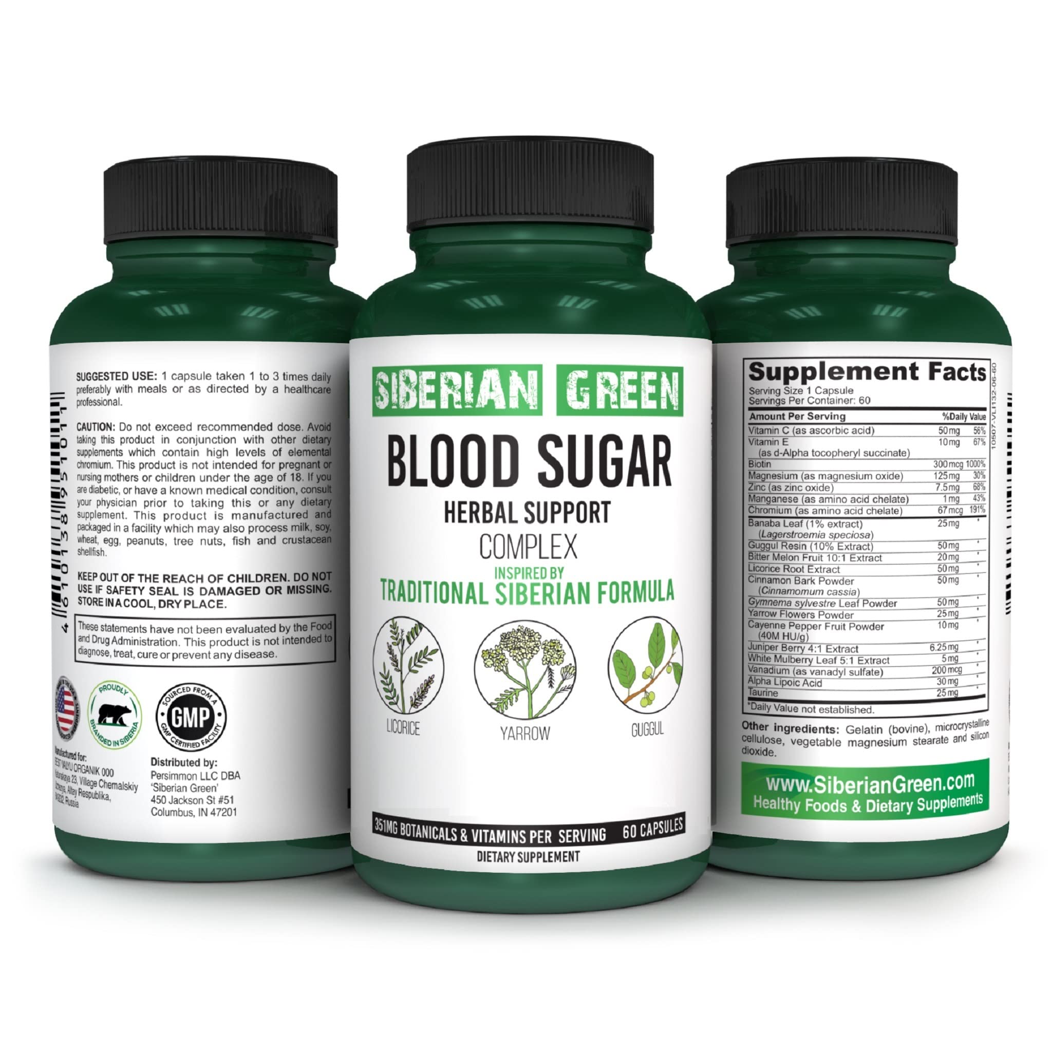 Siberian Green Sugar Herbal Support - Yarrow Guggul Licorice - 60 Caps