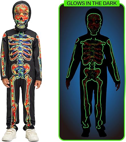 Miniatura 2 de Disfraz de esqueleto brillante para niños, overol de calavera de huesos con capucha, máscara para niños y niñas, disfraz de Halloween de 3 a 10 años