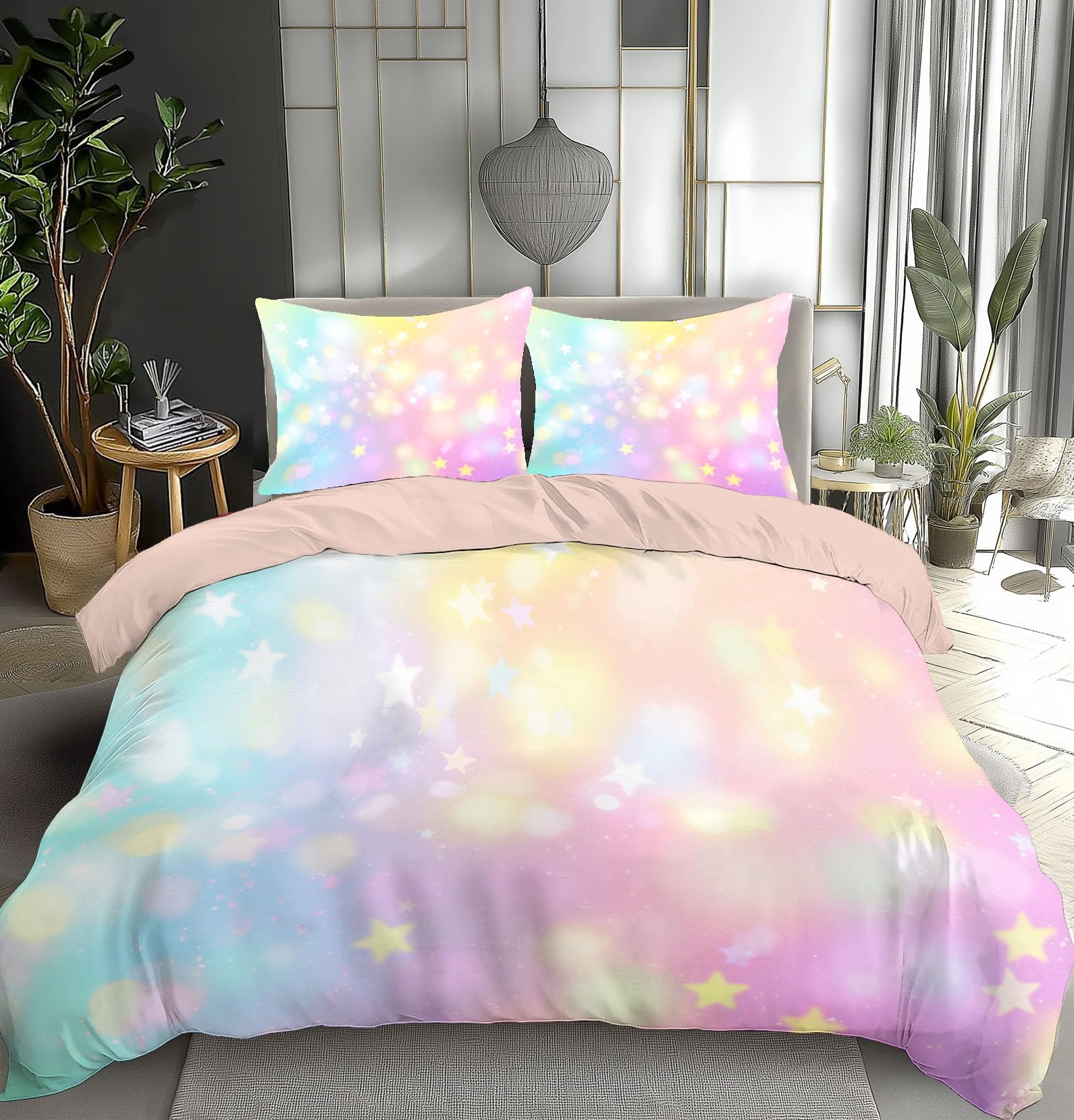 Parure de couette arc-en-ciel microfibre infroissable pour lit 2 places