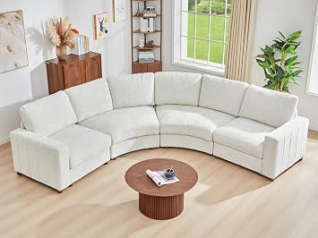 ORRD Curved Sectional Sofa, Convertible L Shaped Couch with Deep Seat, Boucle Modular Sectional Sofa with Pillows, Curved Chenille Comfy Corner 4 Seat Couch for Living Room, White