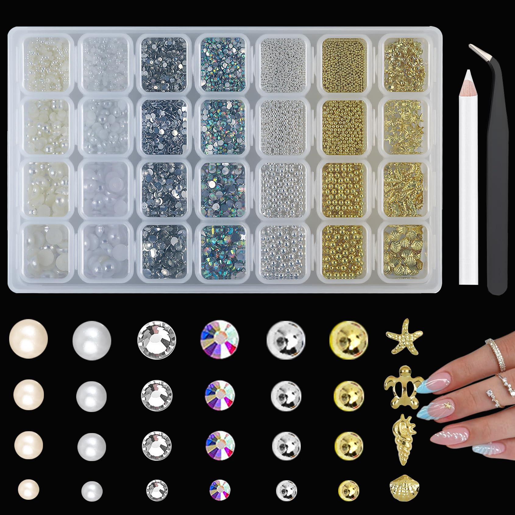 Photo 1 of 10200pcs Nail Pearl - Half Round Flatback Pearls & Nail Rhinestones Caviar Beads Multi Shapes Metal Rivets - Multi Sizes Flatback Pearl Nail Charms for Nail Art Jewelry Design DIY Crafting