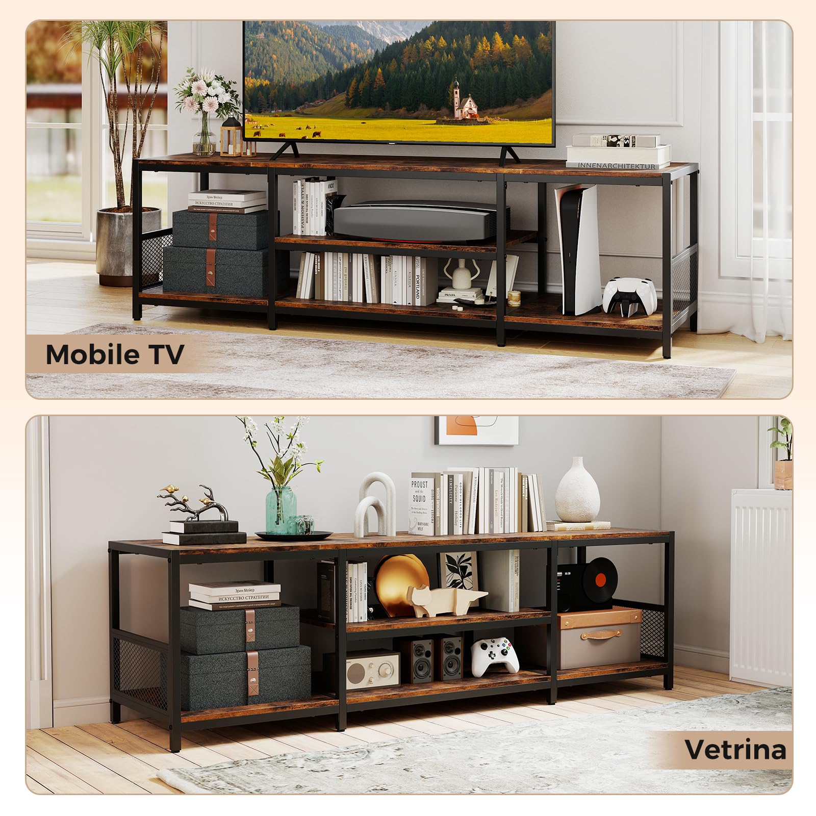 COSTWAY Mobile TV Soggiorno fino a 65", Tavolino TV con Mensole Aperte, Consolle Media Industriale, Centro Intrattenimento Basso Salotto, per Soggiorno Camera da Letto