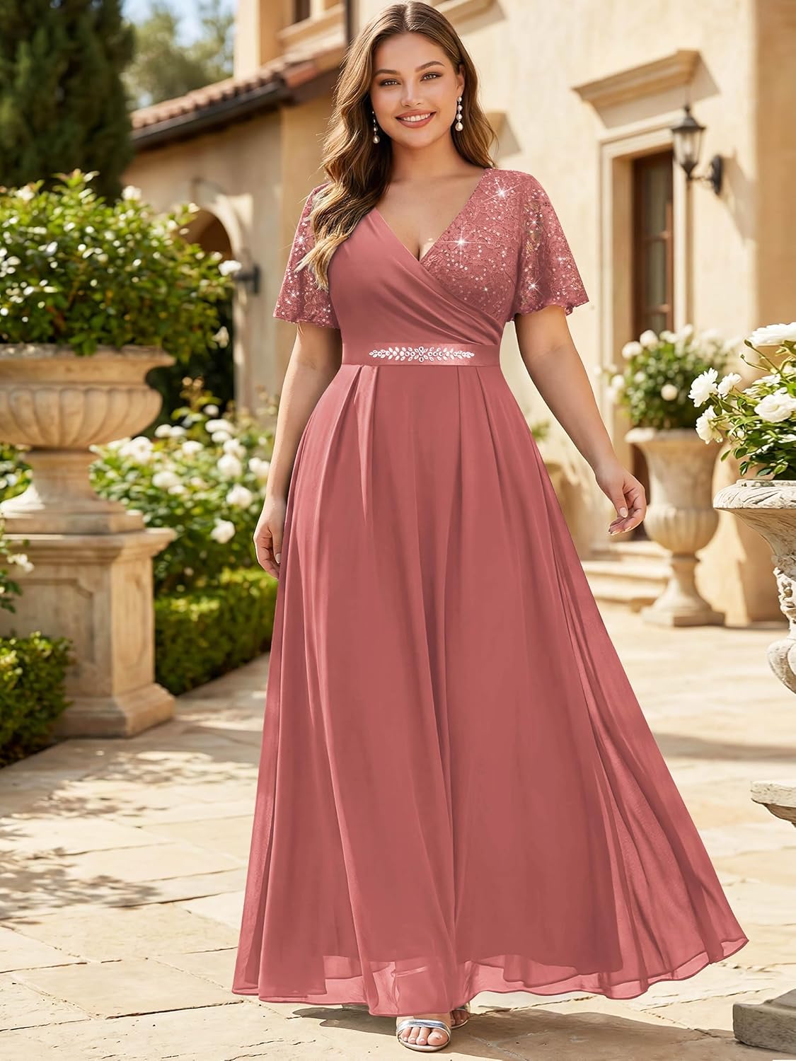 MISSMAY Women's Plus Size Wrap V Neck Sequins Lace Contrast Chiffon Formal Maxi Dress with Rhinestone Ribbon Waist - Image 3