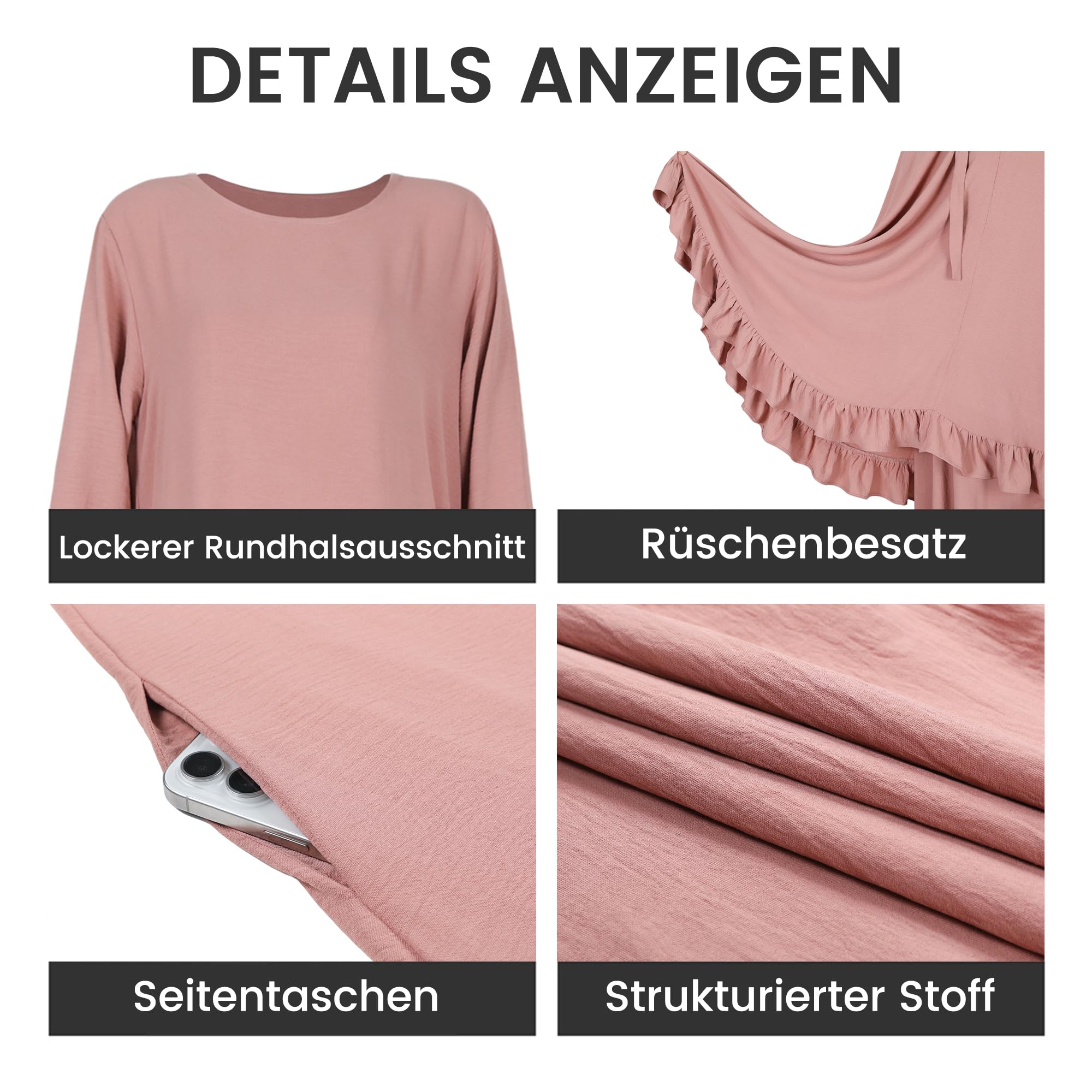 khalat 2PCS Abayas für Frauen Muslimisches Kleid mit gerüschtem Saum Bescheidenes Gebetsgewand Vollständig bedeckendes bescheidenes Jilbab-Set