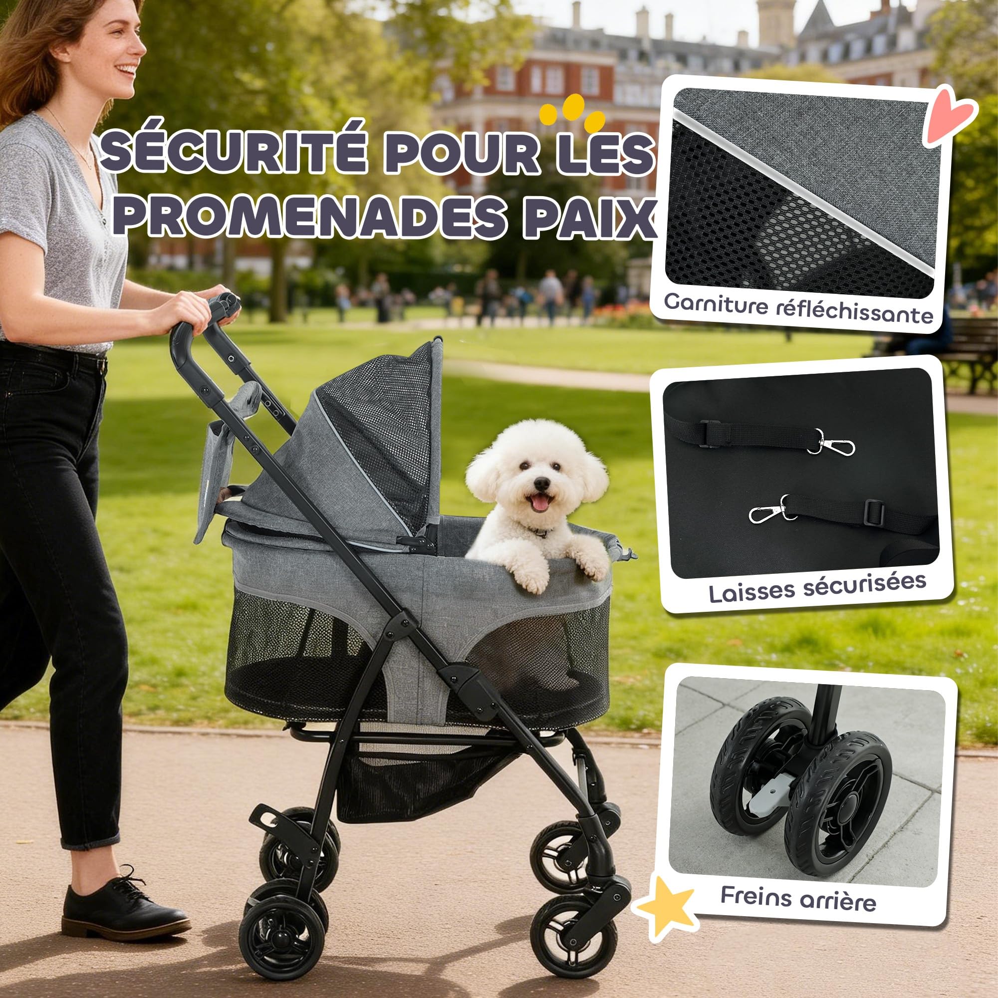 PawHut - Cochecito para perro 3 en 1 desmontable con capazo extraíble y sin cremallera, para perros pequeños y gatos de 10 kg, color gris