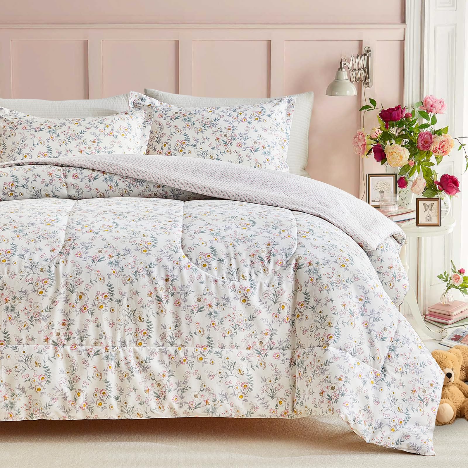 Joyreap 3pcs Floral Cotton Comforter Set for Girls, Little Flowers Pink n White Design, Queen Size Soft n Cozy Kids Bedding Comforter for All Season- 88x88 inches