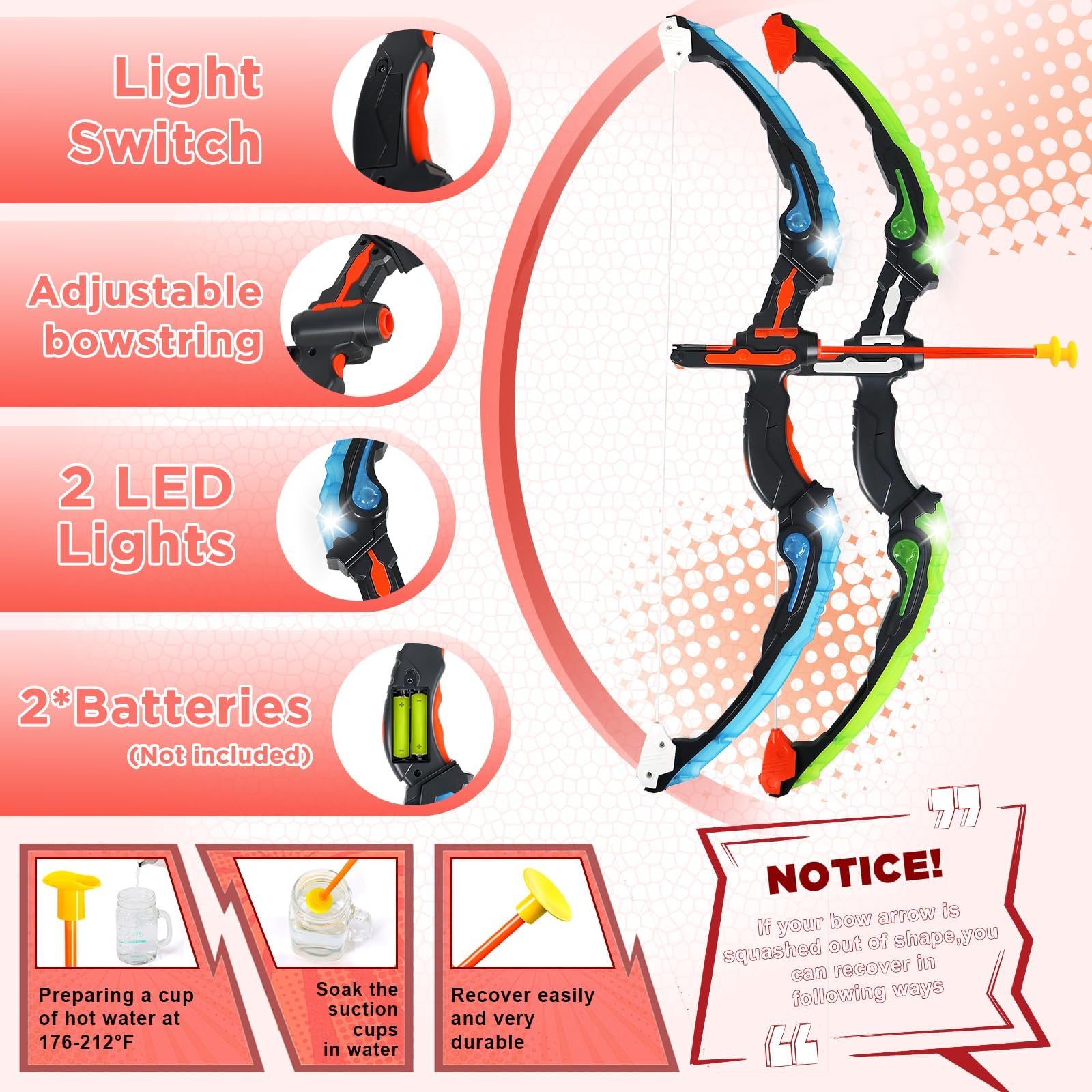 Arc et flèche pour Enfants avec Lumières LED, Ensemble de tir à l'arc Comprenant avec 2 Arcs, 1 Cible Debout, 20 Flèches, 2 Pistolets à Flèches en Mousse et 2 Carquois, Jouets pour 4-12 Garçon Fille