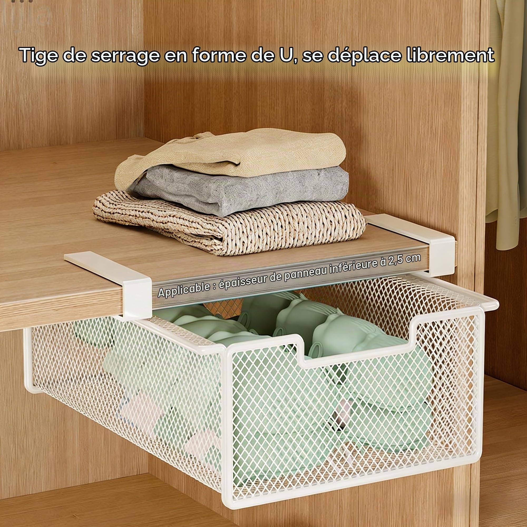 Lot de 2 paniers de rangement coulissants sous étagère, tiroir suspendu, panier de rangement en métal, organisateur à tiroirs, paniers robustes et peu encombrants pour cuisine, bureau