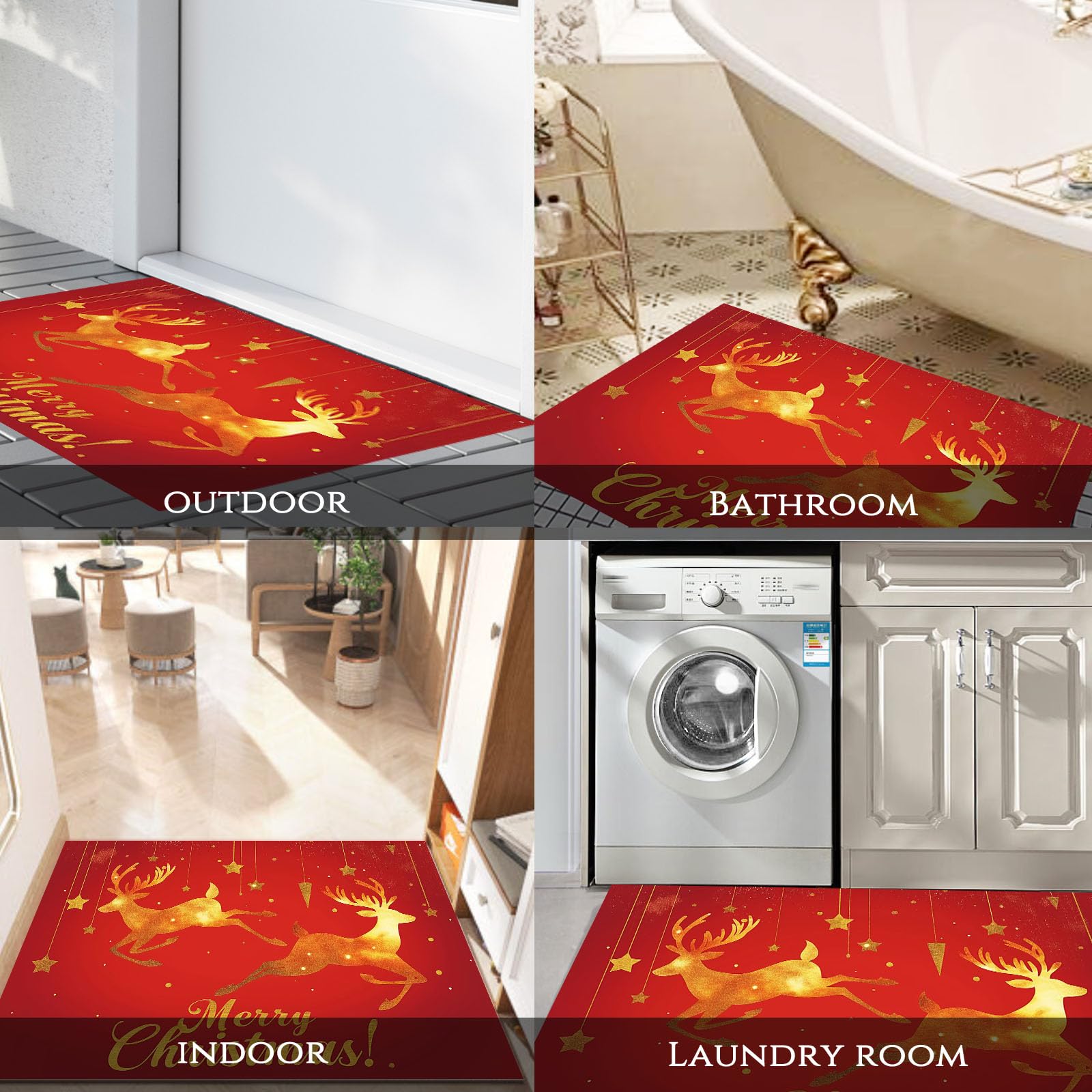 Felpudo de Interior 80x120cm, Diseño de Vuela Reno, Lavable Antideslizante, Alfombrilla Feliz Navidad Plegable de Pelo Corto para Entrada, Alfombra Fácil de Limpiar, Rojo