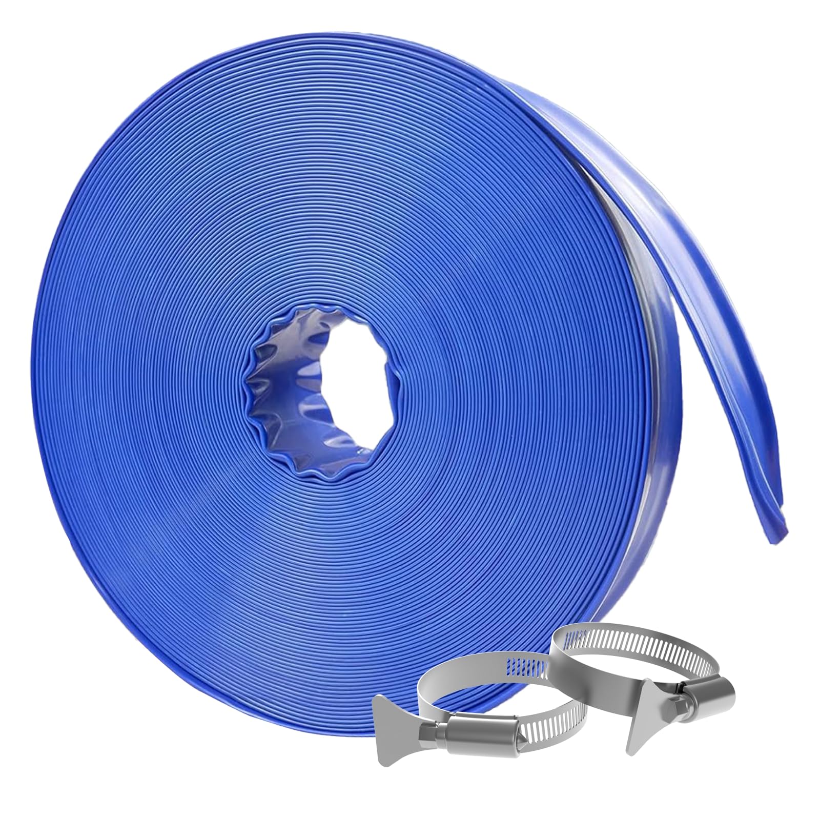 Poolvio Backwash Hose 2" x 100 ft, Blue Lay-Flat PVC Drain Hose with 2 Stainless Steel Thumb Screw Clamps, Tear-Resistant &amp; Leak-Free for Swimming Pool Filter Cleaning, Flooded Area, Pond Draining