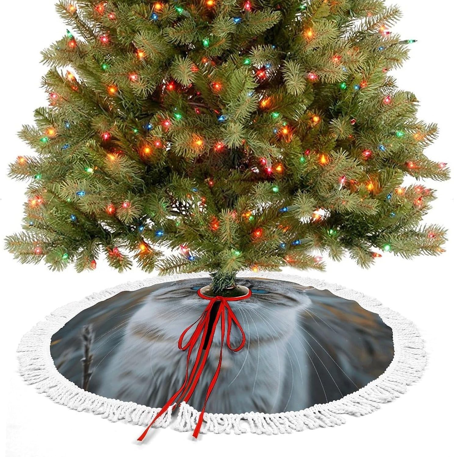 Christmas Tree Skirt Cute Xmas Trees Mat Skirts Personalization Christmas Round Tree Skirts for Holiday Party Decorative Supplies Gray and White Cat