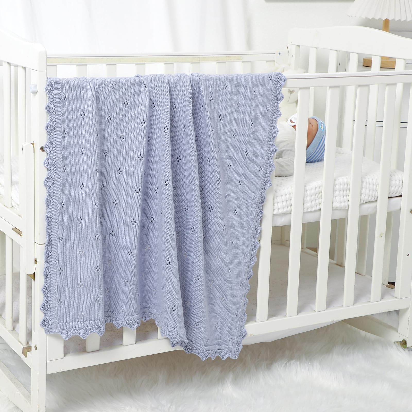 Hadetoto Baby Blanket 100% Cotton Knit Baby Blankets Baby Gifts Baby Essentials for Newborn, 100 x 80 cm (Blue) - Image 3