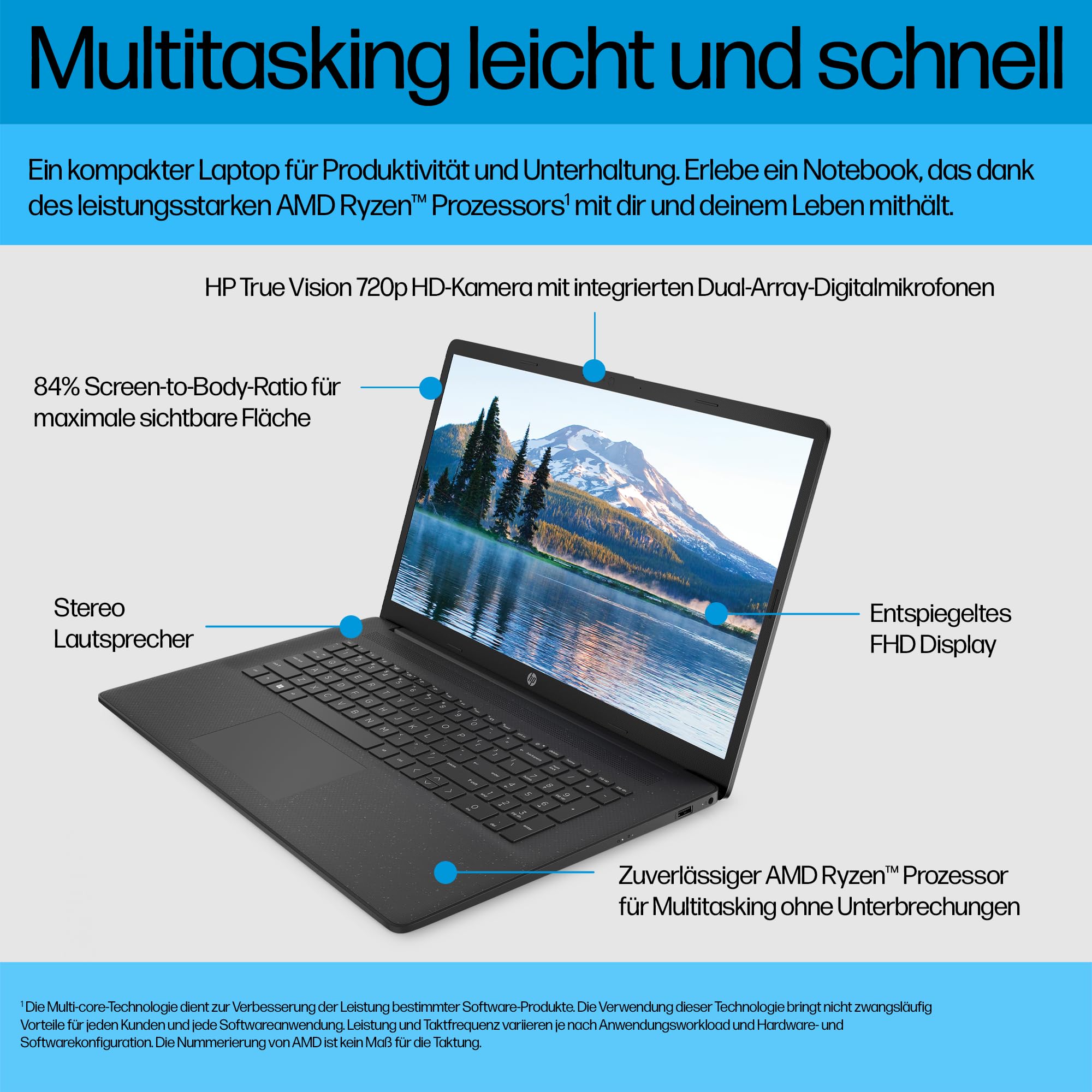 HP Laptop 17,3" FHD Display AMD Ryzen 5 7520U 8GB DDR5 RAM 512GB SSD AMD Radeon Windows 11 QWERTZ Schwarz