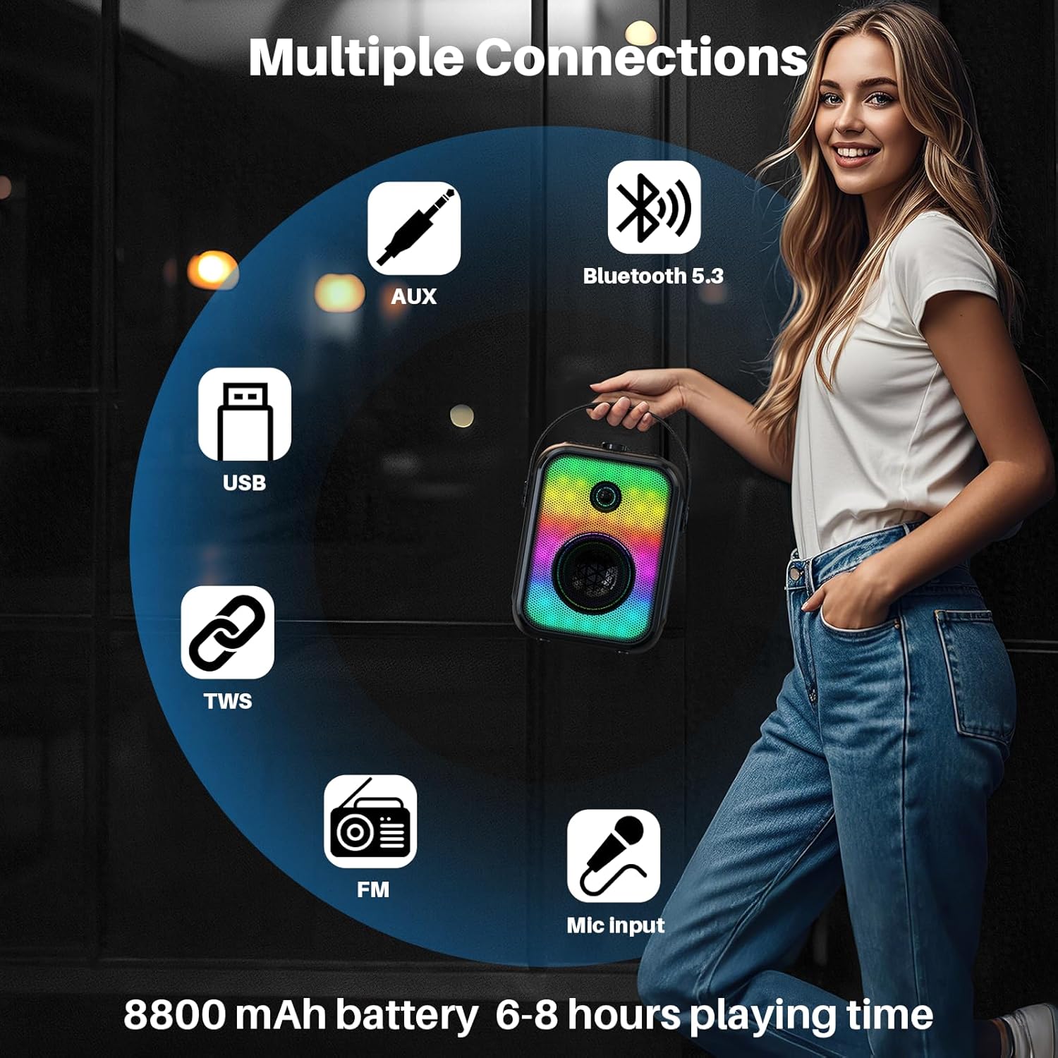 Karaoke Machine for Adults with 2 Wireless Microphones,Stereo Pairing Portable Bluetooth Speaker with Bass Adjustment,LED,Support FM/USB/AUX - Image 7