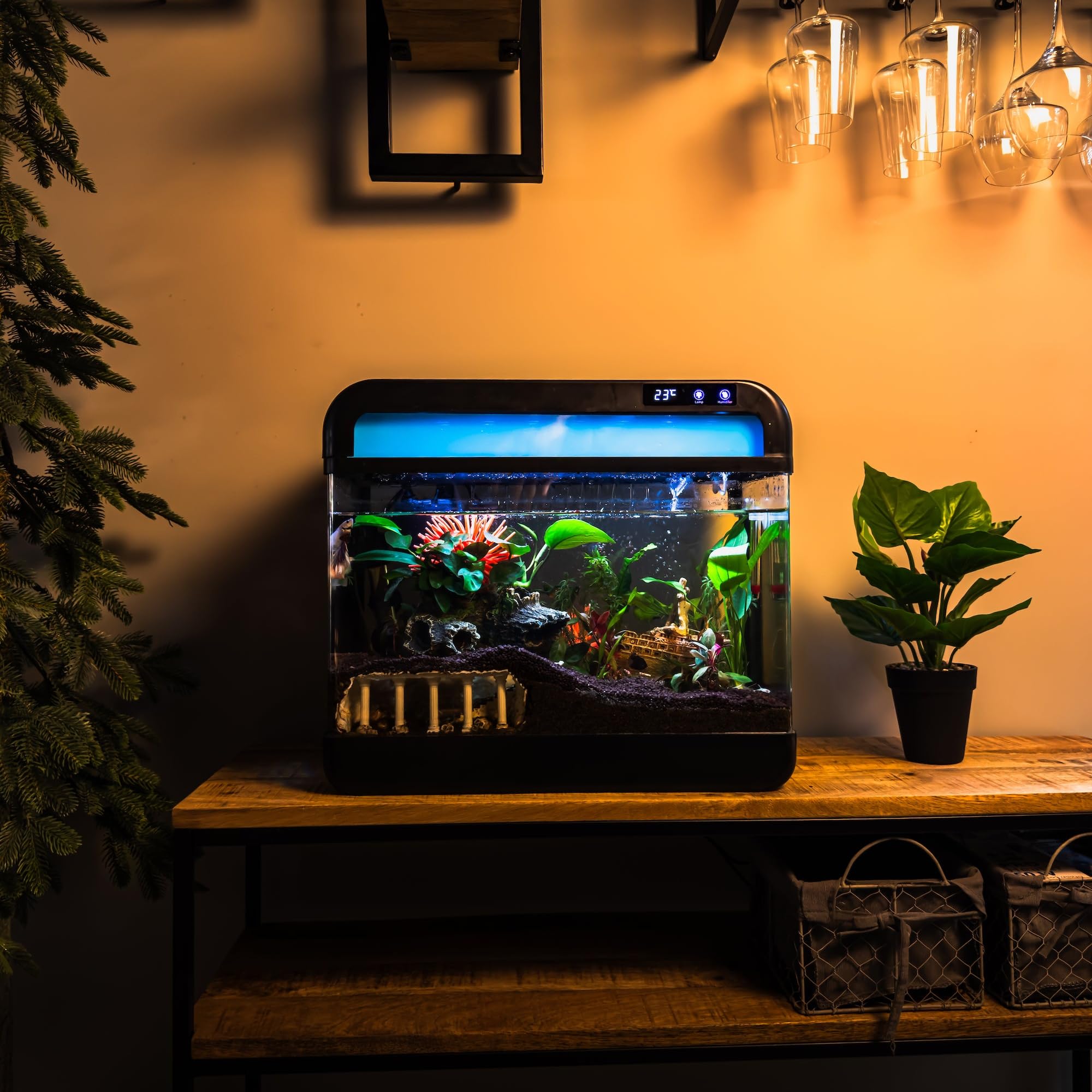 Selbstreinigendes Aquarium 13L Komplettset Nano Aquarium Mini Aquarium mit 3-in-1 Filter, LED Beleuchtung und Touch Display, integrierter Luftbefeuchter zur Unterstützung der Wasserqualität