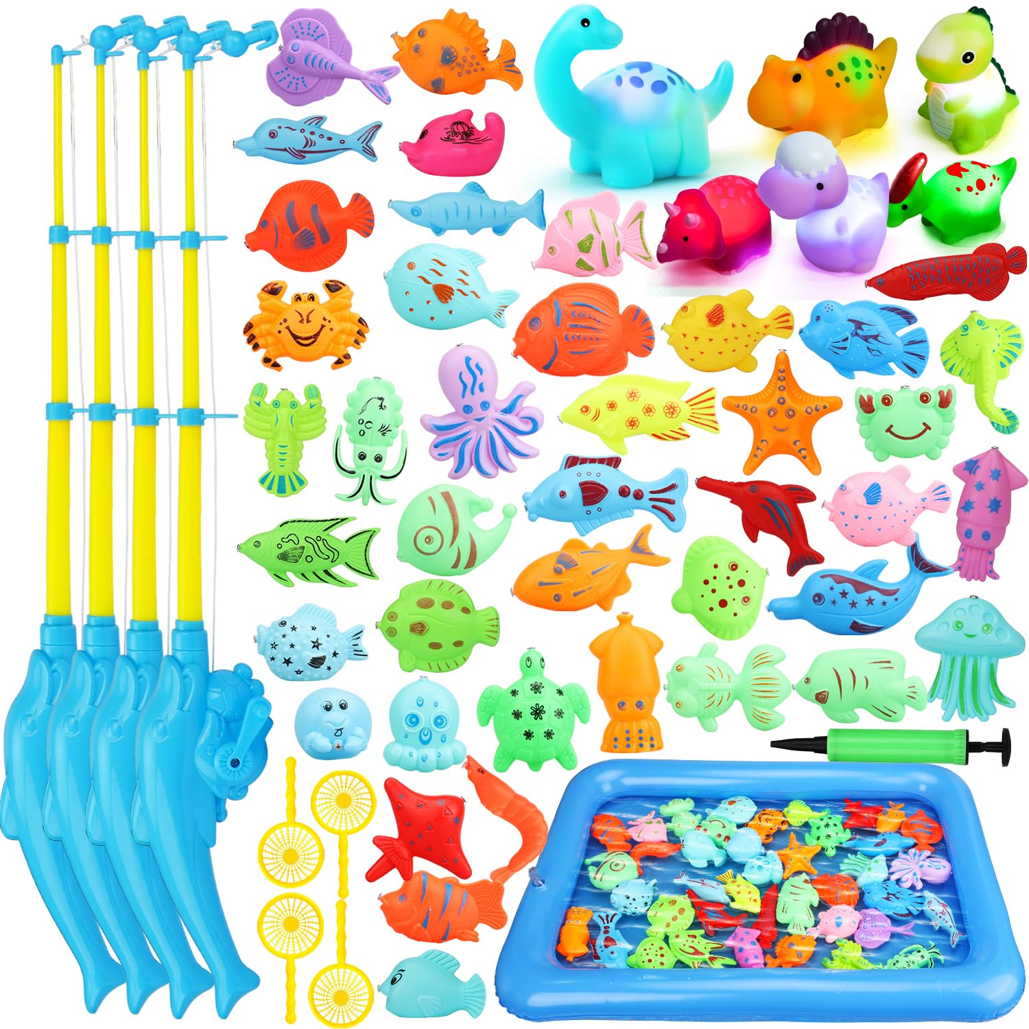 TOY Life 4-Player Magnetic Fishing Game for Kids 3-5 and 6 Packs Light Up Dinosaur Bath Toys for Kids, Kids Fishing Pole, Toddler Bath Toys for Kids, Summer Pool Water Toys