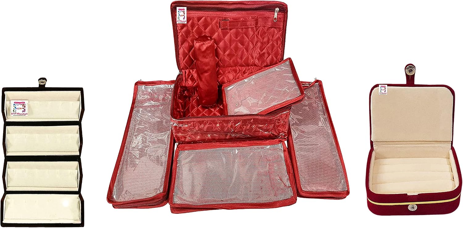 atorakushon Combo Satin Maroon Make-Up Pouch Jewellery Box