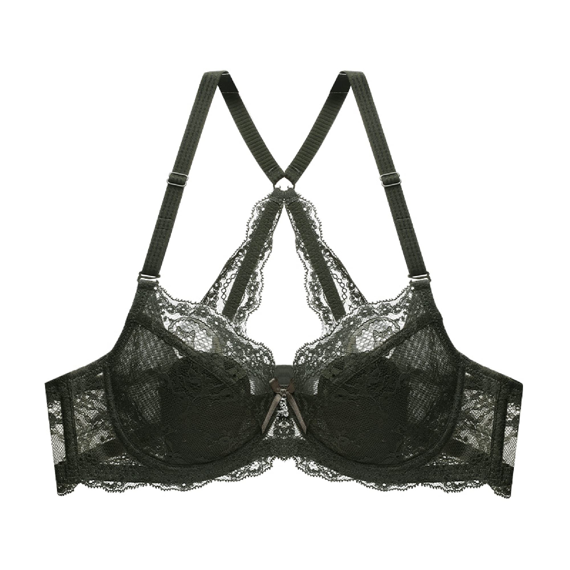 WENJUN - Sujetador con aros para mujer, sexy, con encaje, estilo clásico, para uso diario, no acolchado, color verde oliva, talla 80D